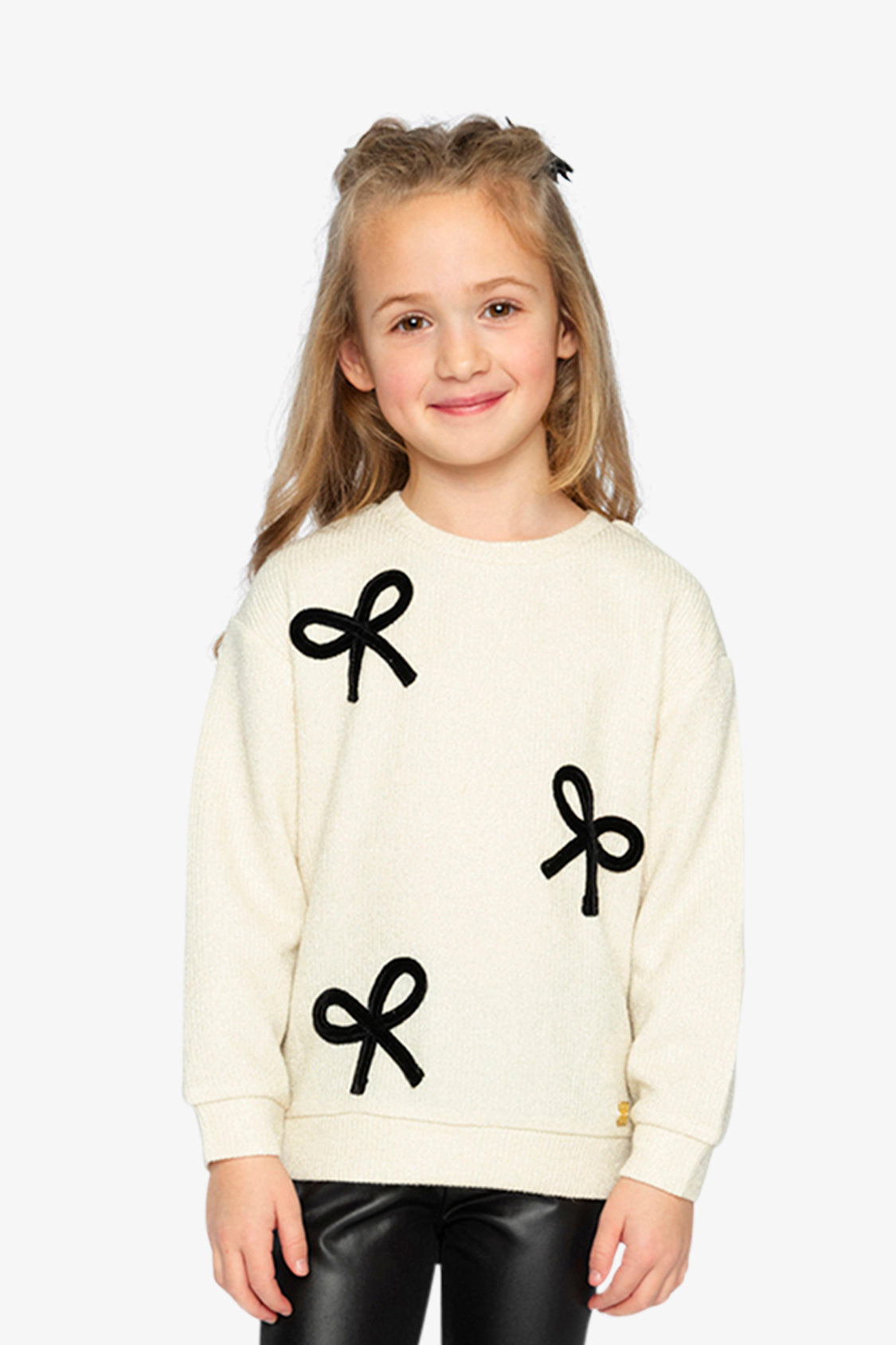 Deux par Girls Long Sleeve Knit Crewneck Sweatshirt with Oversized Velvet Bows