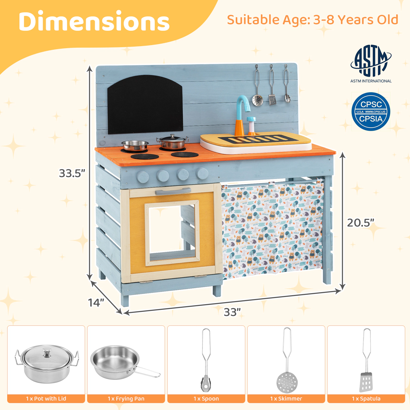 SUGIFT Blue Removable Circulation Faucet and Chalkboard Kids Wooden Toy Kitchen Playset