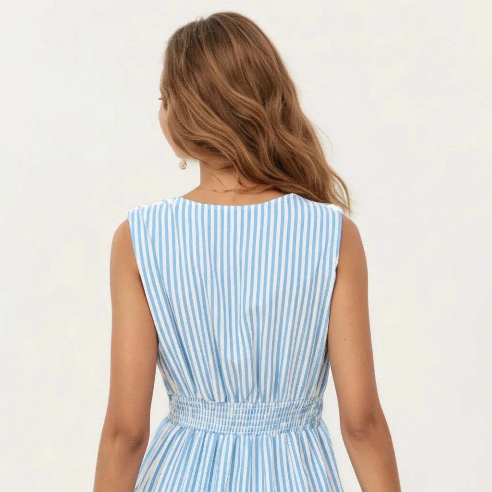Anna-Kaci Women's Sleeveless Striped V-Neck Contrast Trim Tiered Maxi Dress