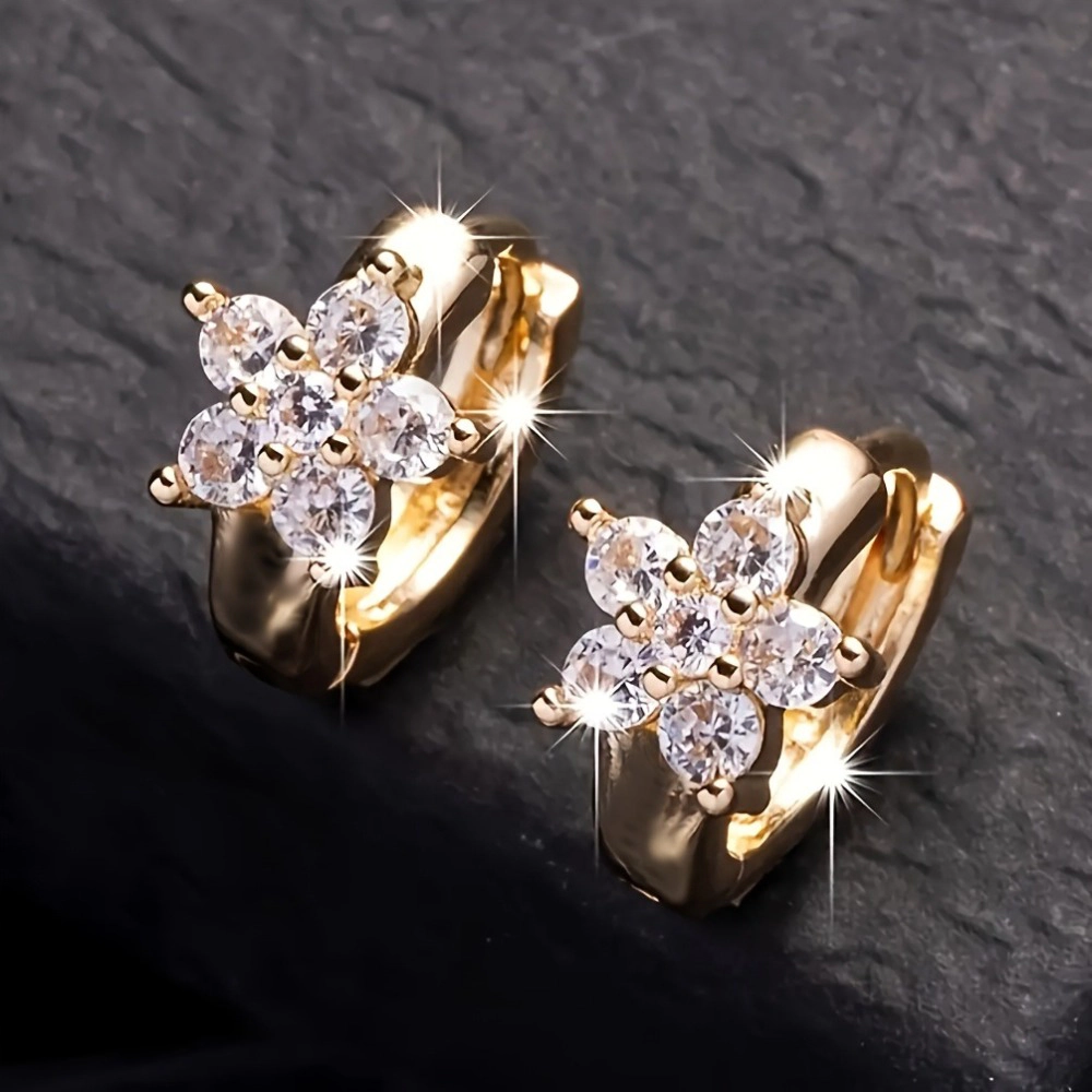 Tone Sparkling Crystal Flower Huggie Hoop Earring