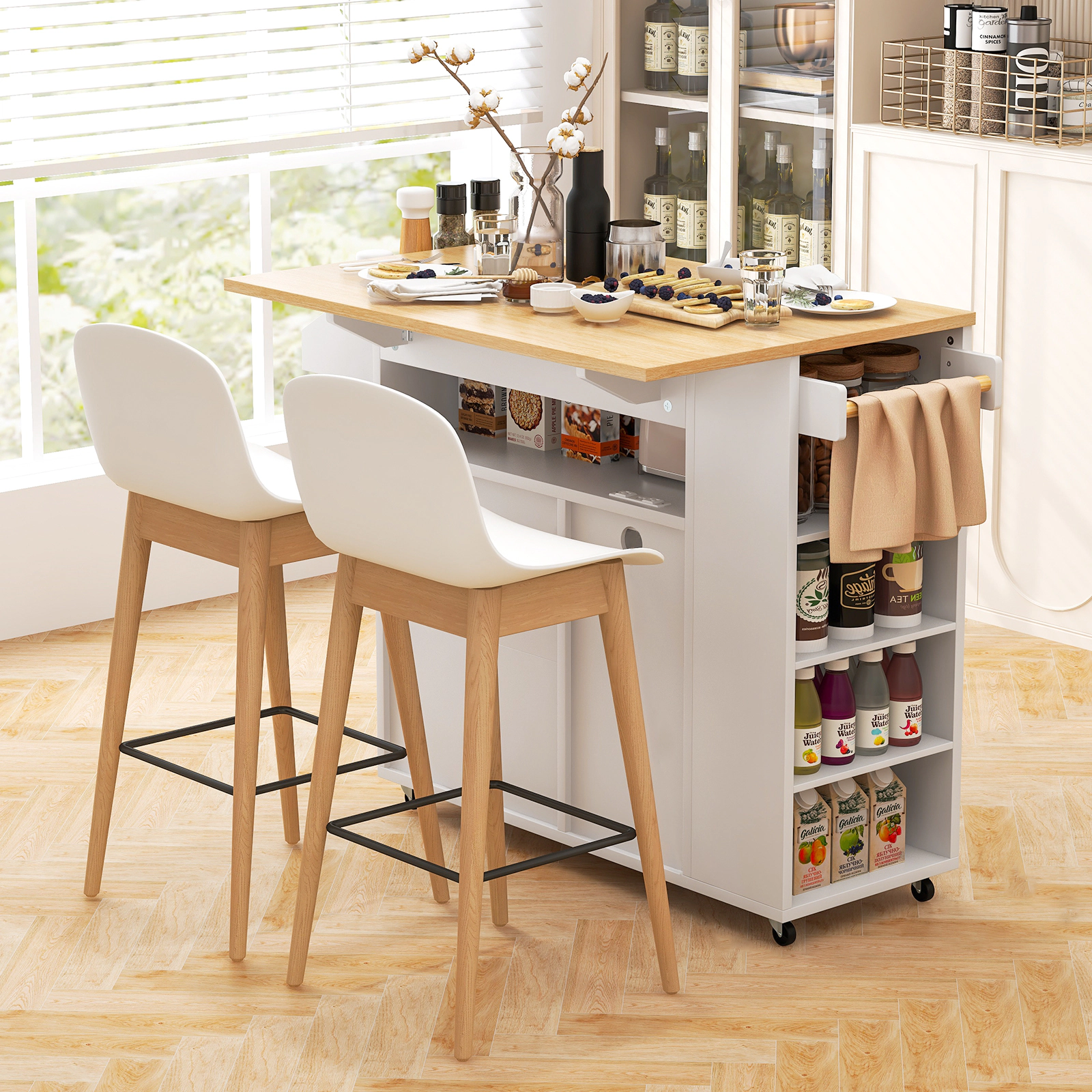 SUGIFT Rolling Kitchen Island Cart with 2 Power Outlets USB Charging Wine Bar Cabinet and Drop Leaf
