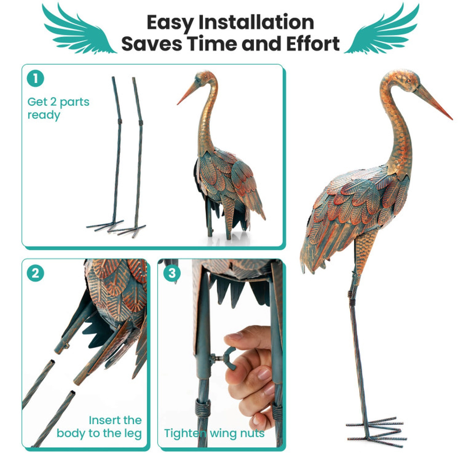 SUGIFT Set of 2 Multicolor Metal Crane Garden Statues with Gradient Feathers 34-in H and 33.5-in H