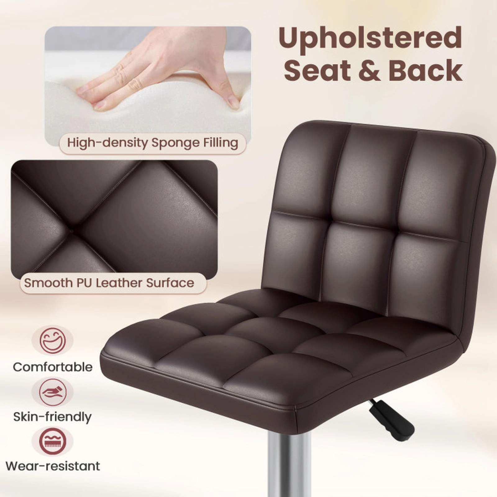SUGIFT Upholstered Adjustable Swivel Bar Stools with Back and Footrest 250-Lb Capacity 21-in Wide Brown Set of 2