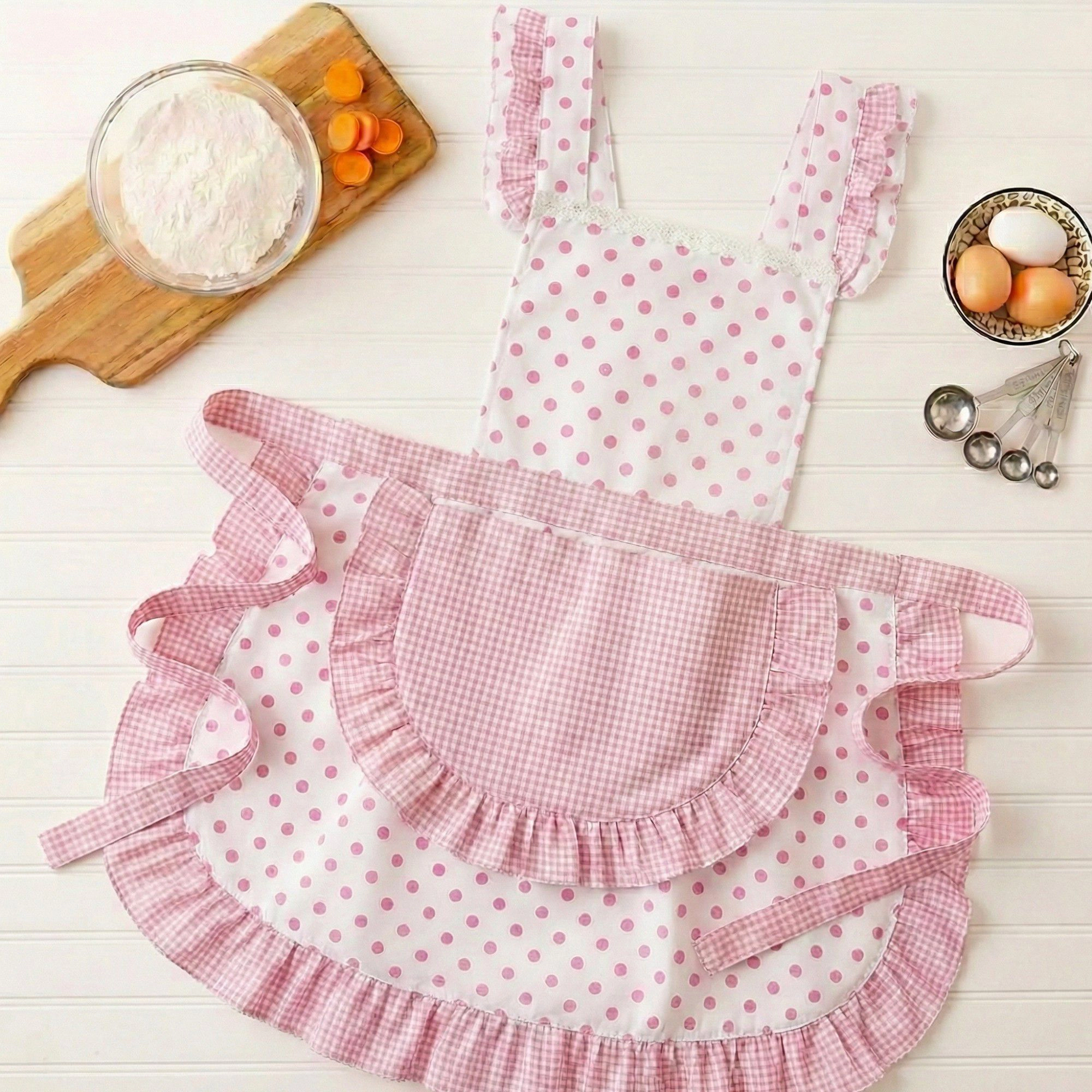 Alilang Unisex Polka Dot Gingham Ruffle Trim Kitchen Apron with Adjustable Straps and Front Pocket