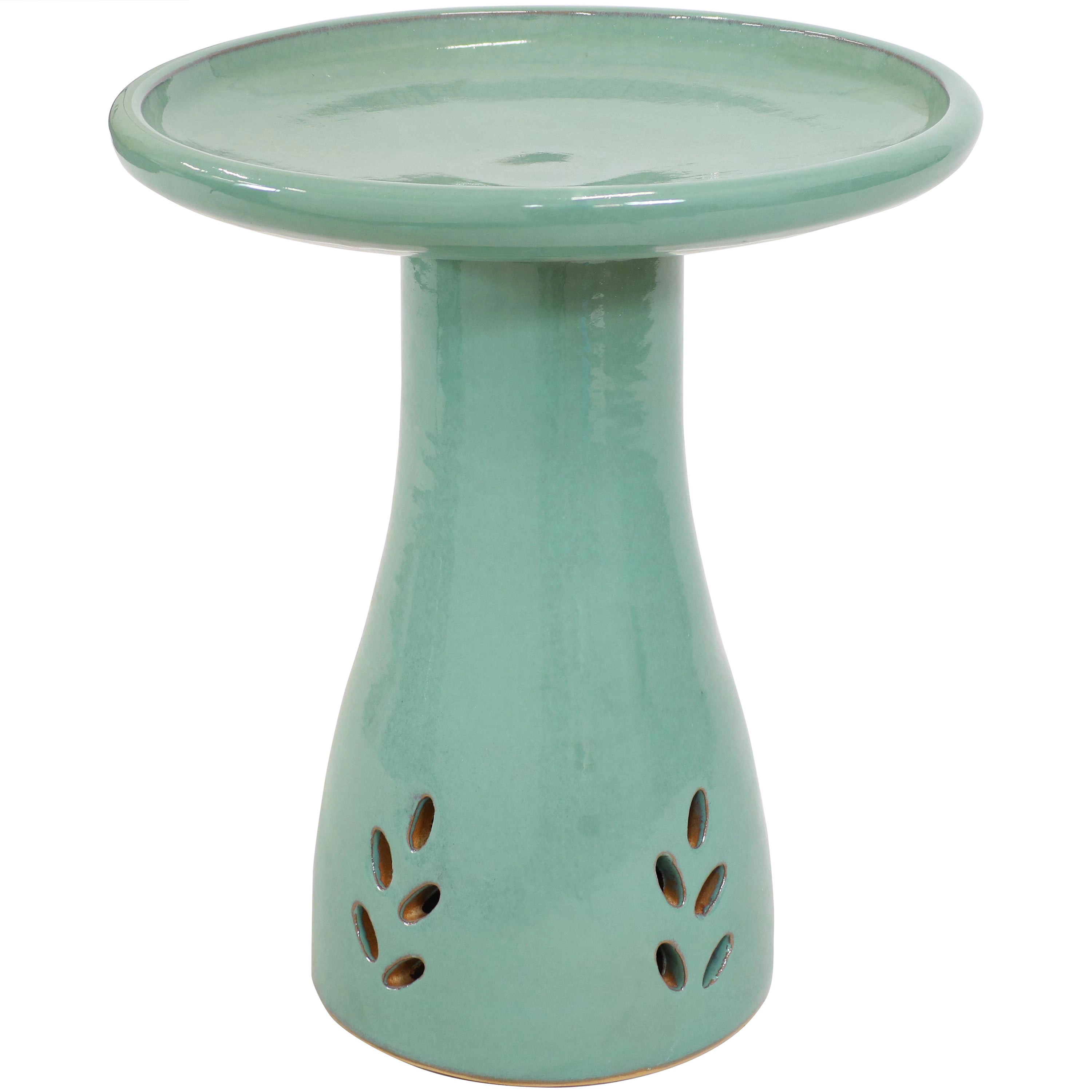 Sunnydaze Hand-Painted Ceramic Outdoor Bird Bath for Garden, 21” H, Seafoam
