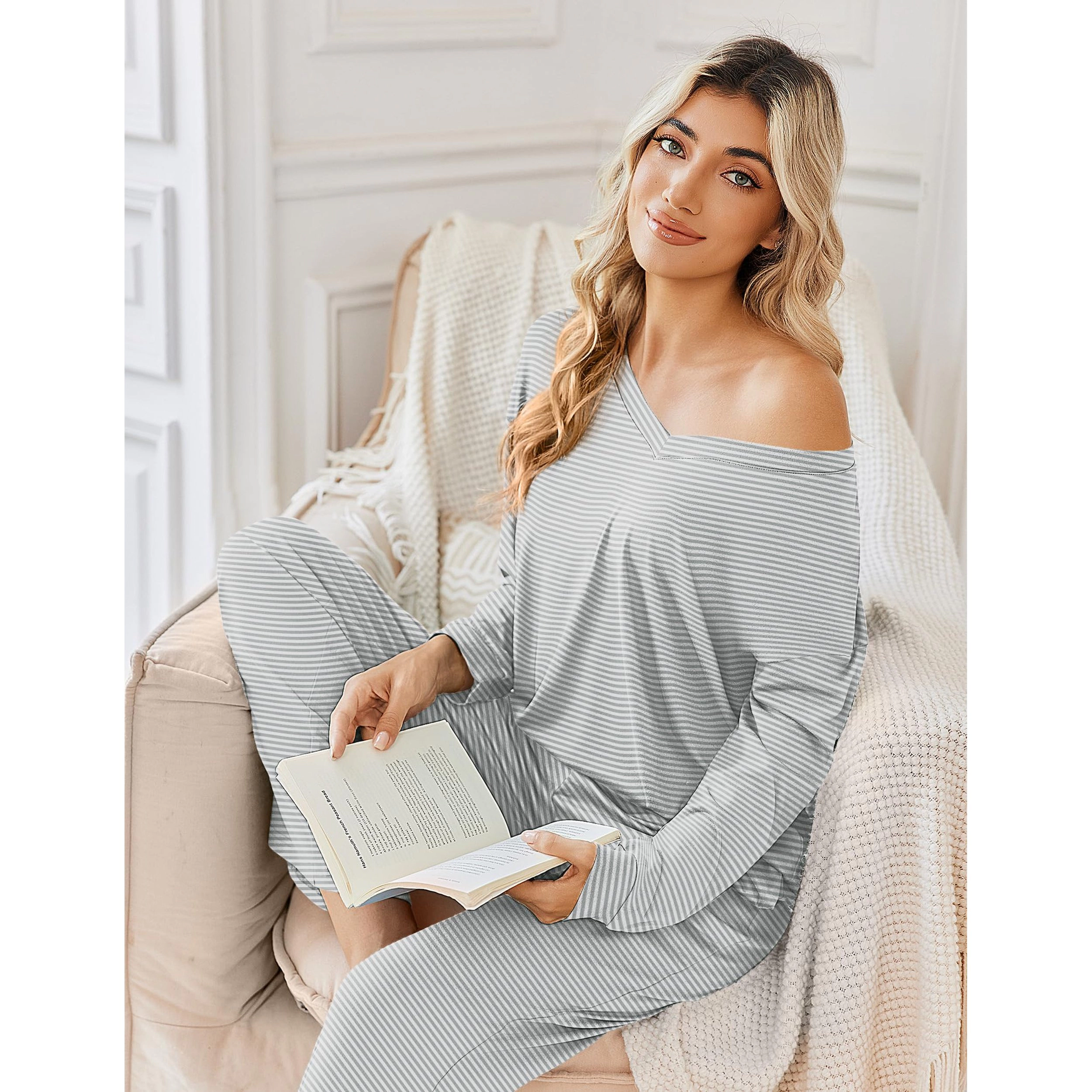 Ekouaer Women's V Neck Long Sleeve Pajama Set 2 Piece Print Sleepwear