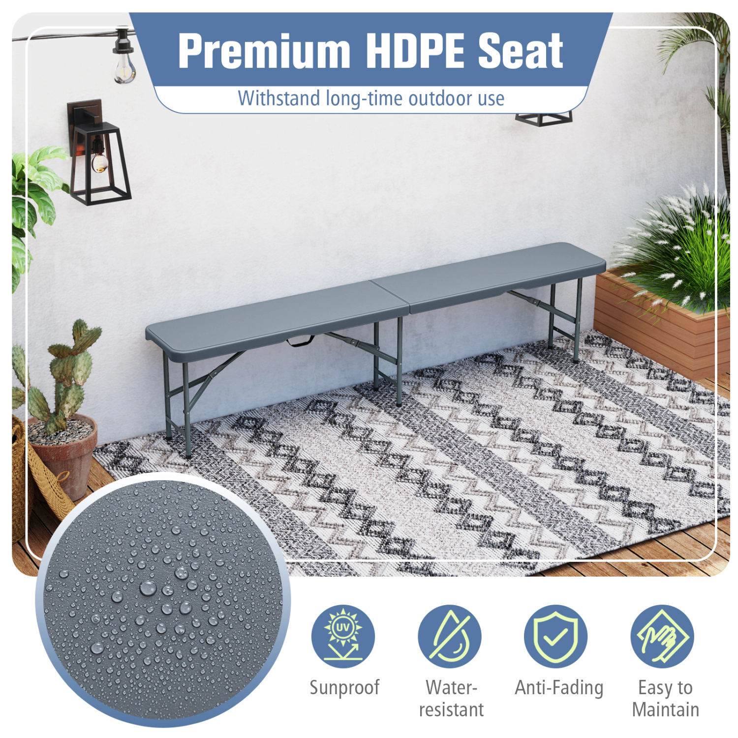 LJG 6 Feet Plastic Folding Bench Portable Seat with Handle and Lock