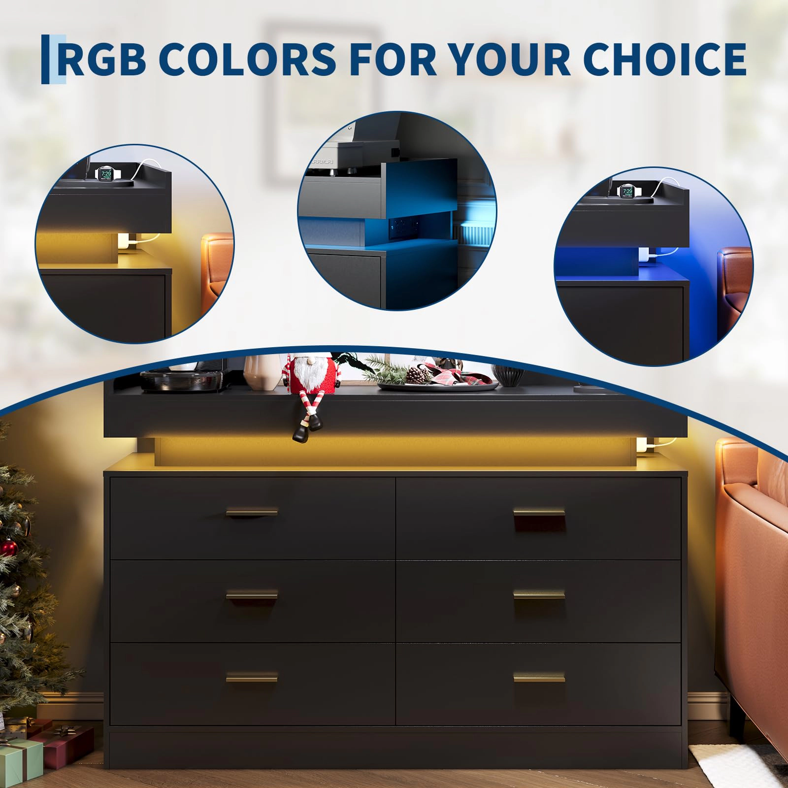 Modern TV Stand Dresser with LED Lights & Charging Station, Floating Top Sideboard Cabinet 6 Drawers