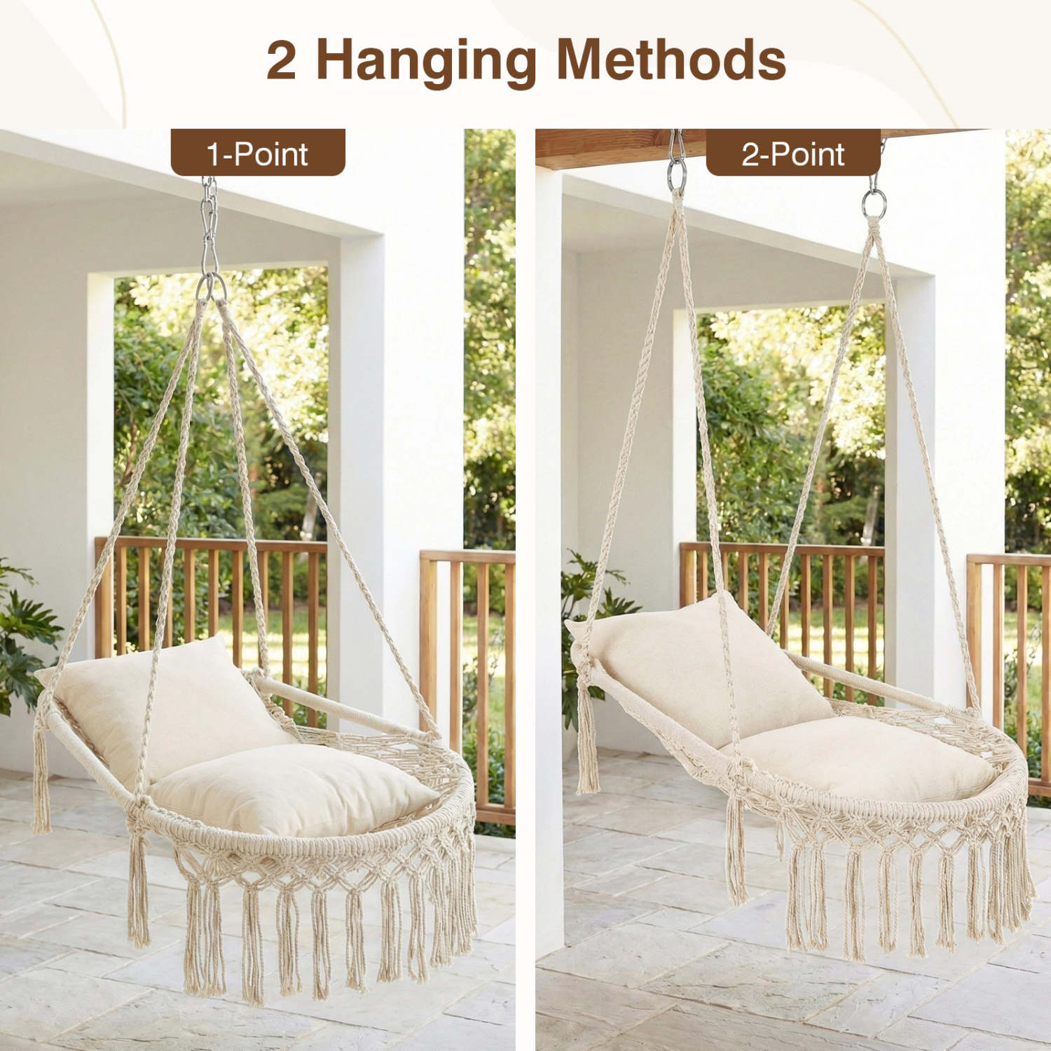 LJG Macrame Swing Chair Hammock with 2 Removable Cushions