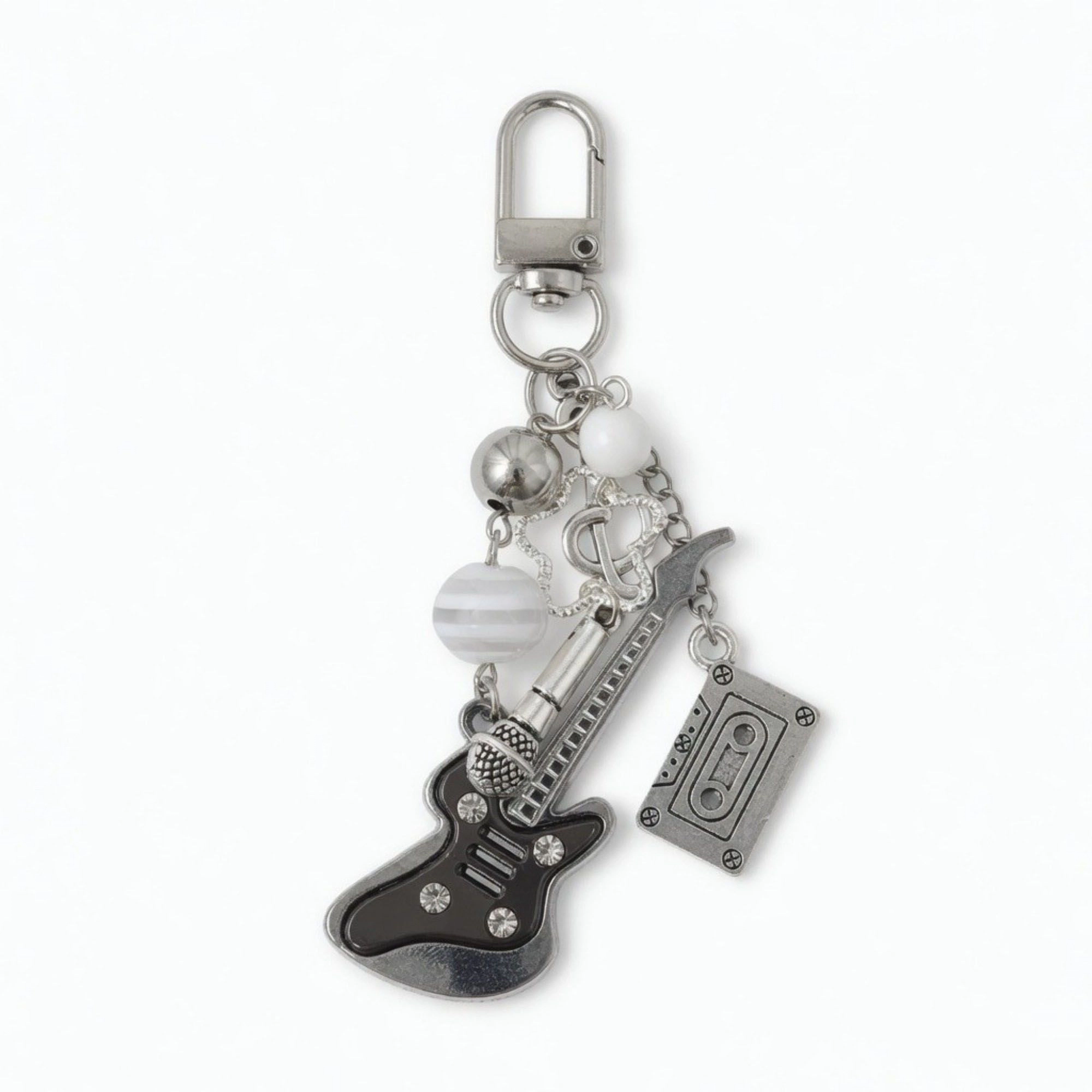 Alilang Women's Guitar Charm Keychain with Microphone Tape Pendant Music Theme Bag Charm Key Ring Accessory