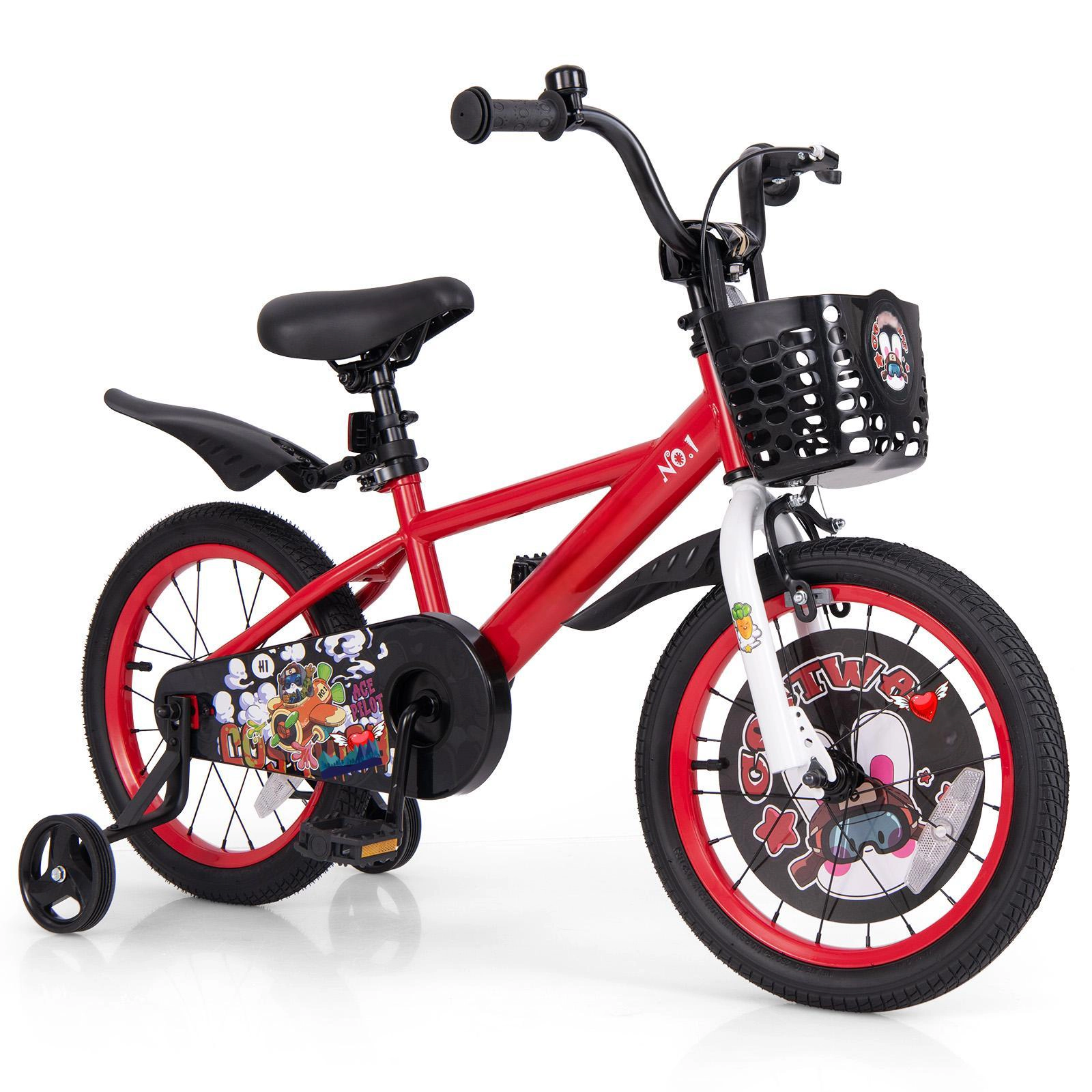 SUGIFT Red Training Wheels Storage Basket Double Brake and Fenders Kids 16 Inch Bike
