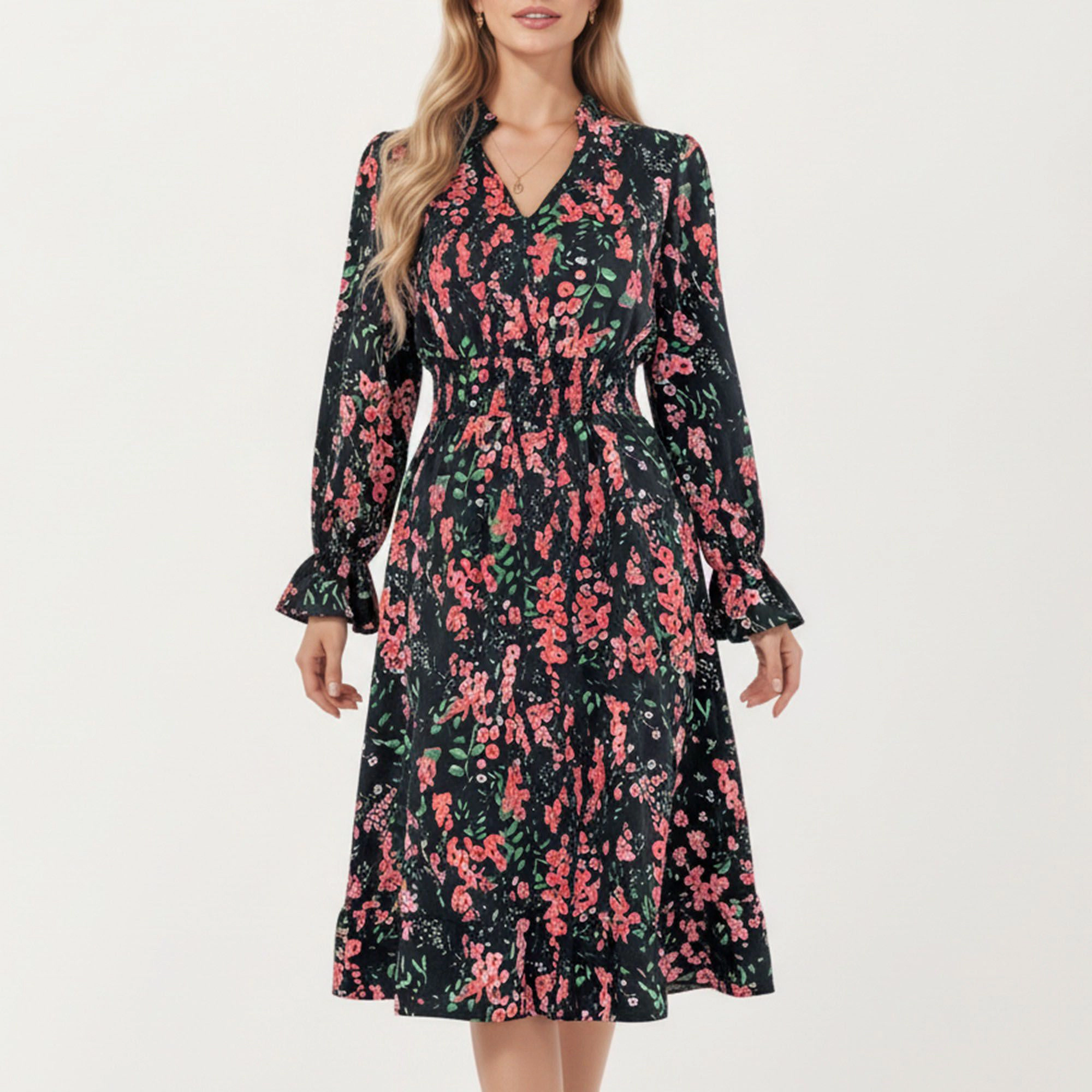 Anna-Kaci Women's Floral Print Smocked Waist Long Sleeve V Neck Ruffle Hem Dress