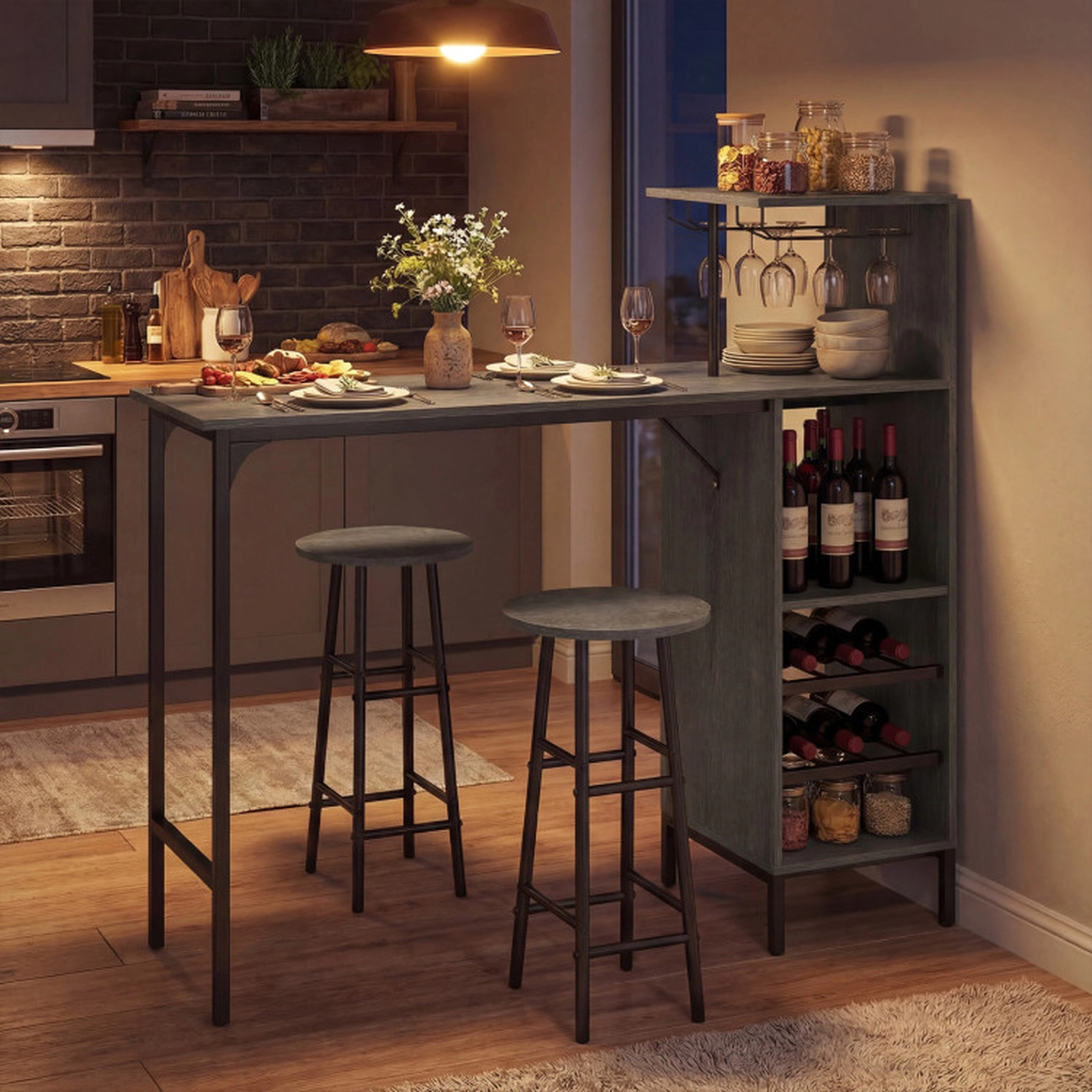 SUGIFT 3 Piece Bar Table and Chairs Set with 6-Bottle Wine Rack 400-lb Table Capacity Brown Oak Rustic Brown