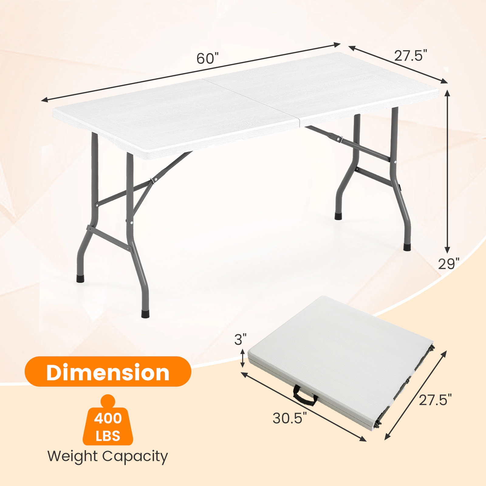 SUGIFT 5-Foot Folding Picnic and Utility Table, Wood-Grain HDPE Top, Carry Handle