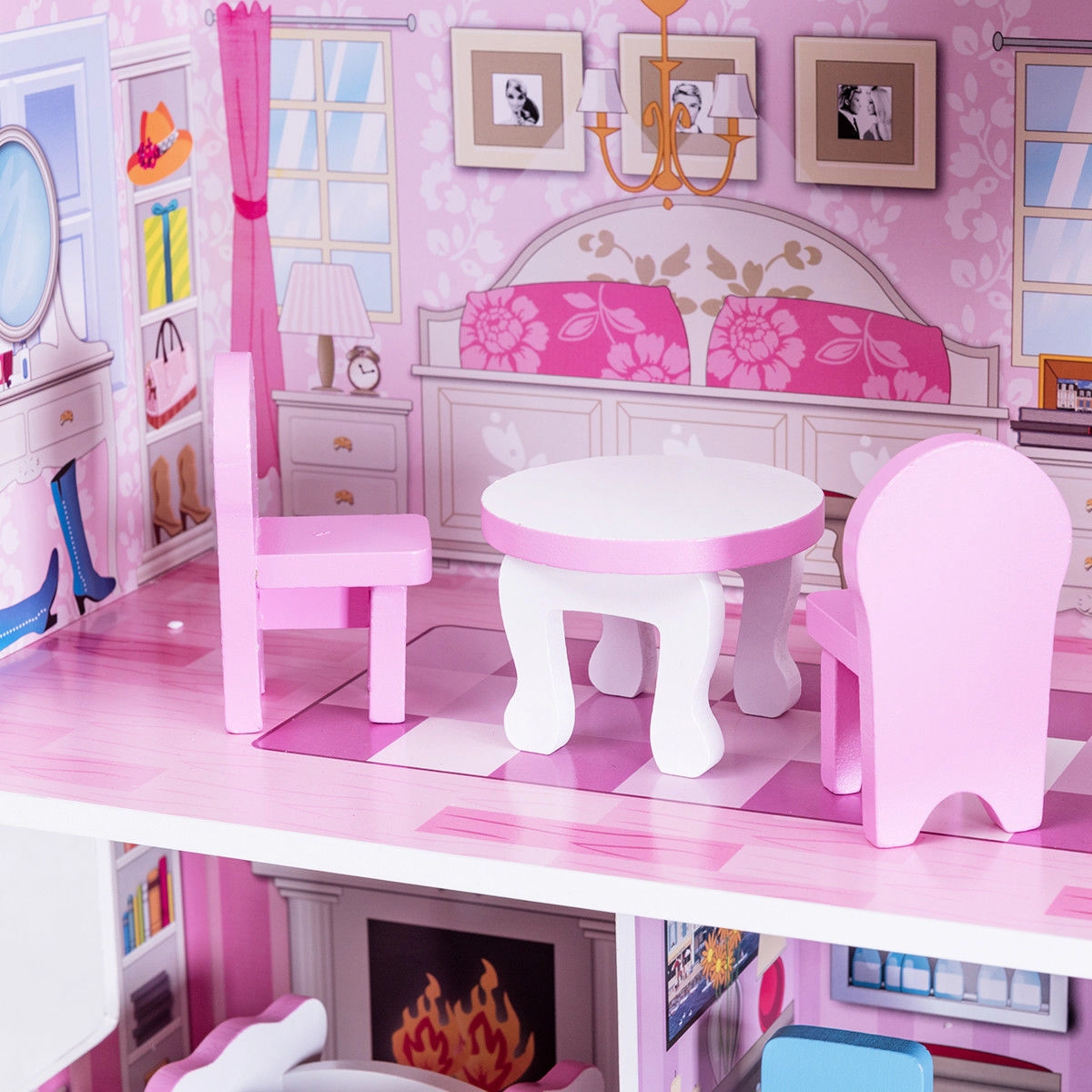 SUGIFT 3-Level MDF Dollhouse with 5 Rooms Balcony and 8-Piece Furniture Set 28-in Tall Pink