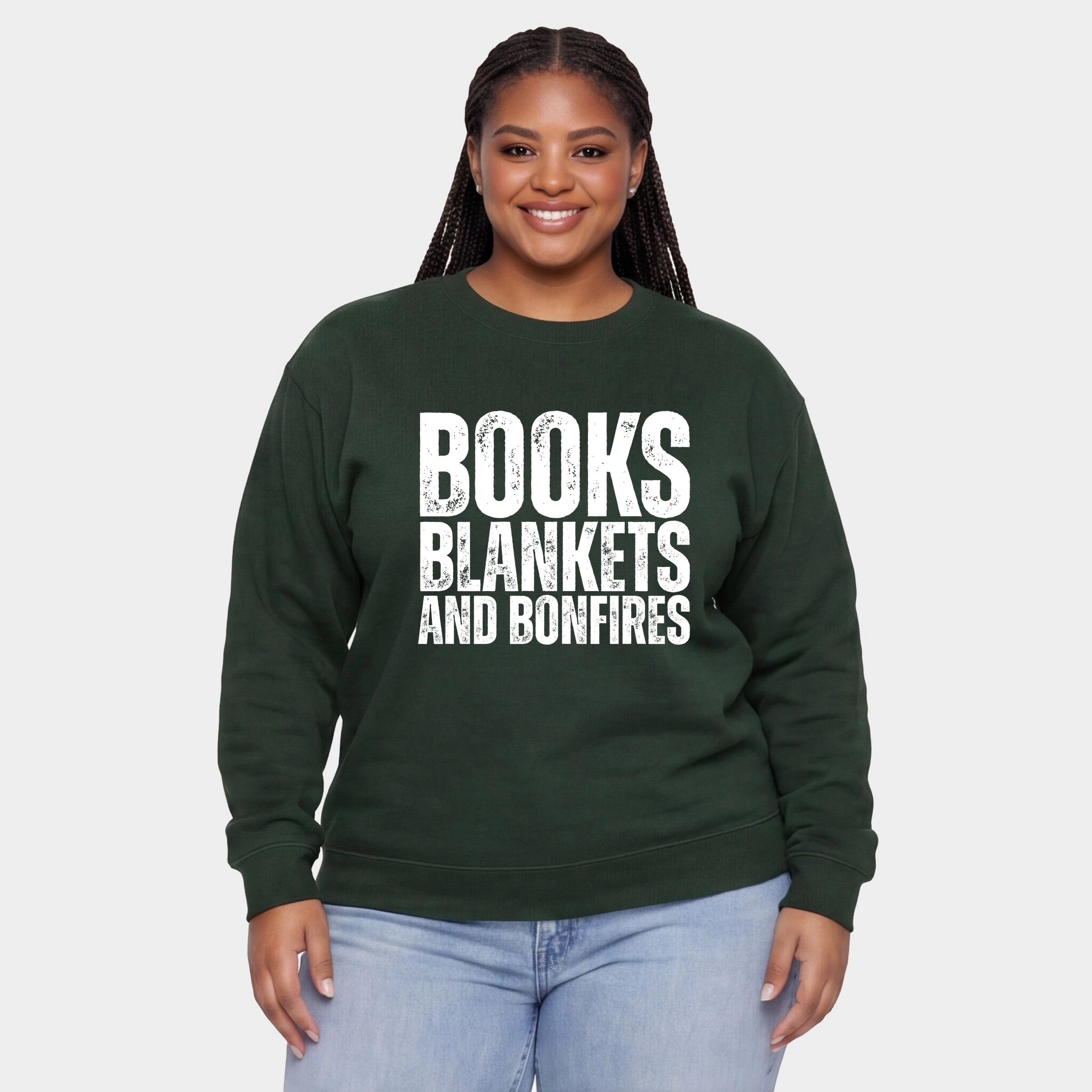 Simply Sage Market - Women's Plus Sweatshirt Books, Blankets, and Bonfires