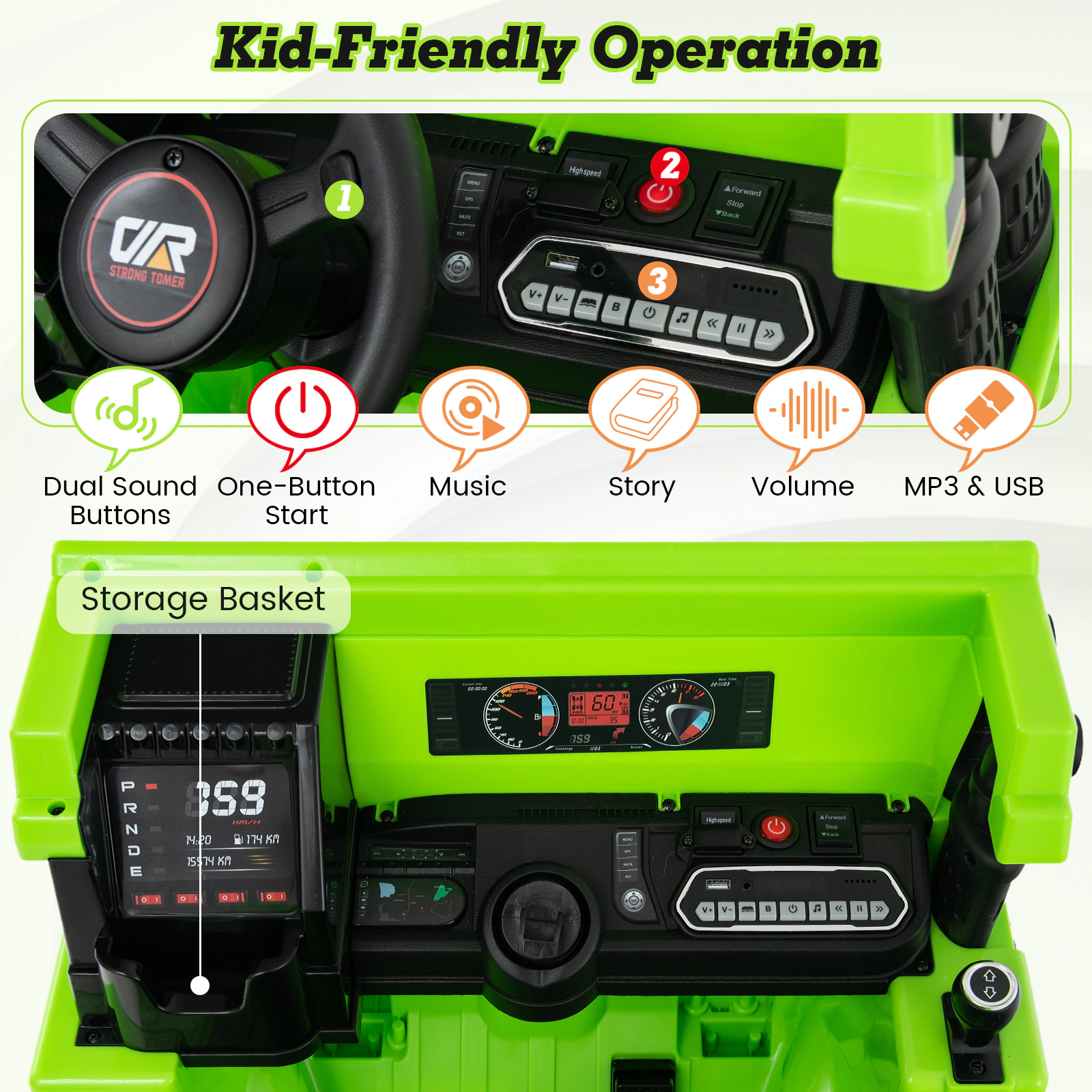 SUGIFT Green Electric Dump Bed Shovel and Remote Control 12V Kids Ride On Dump Truck