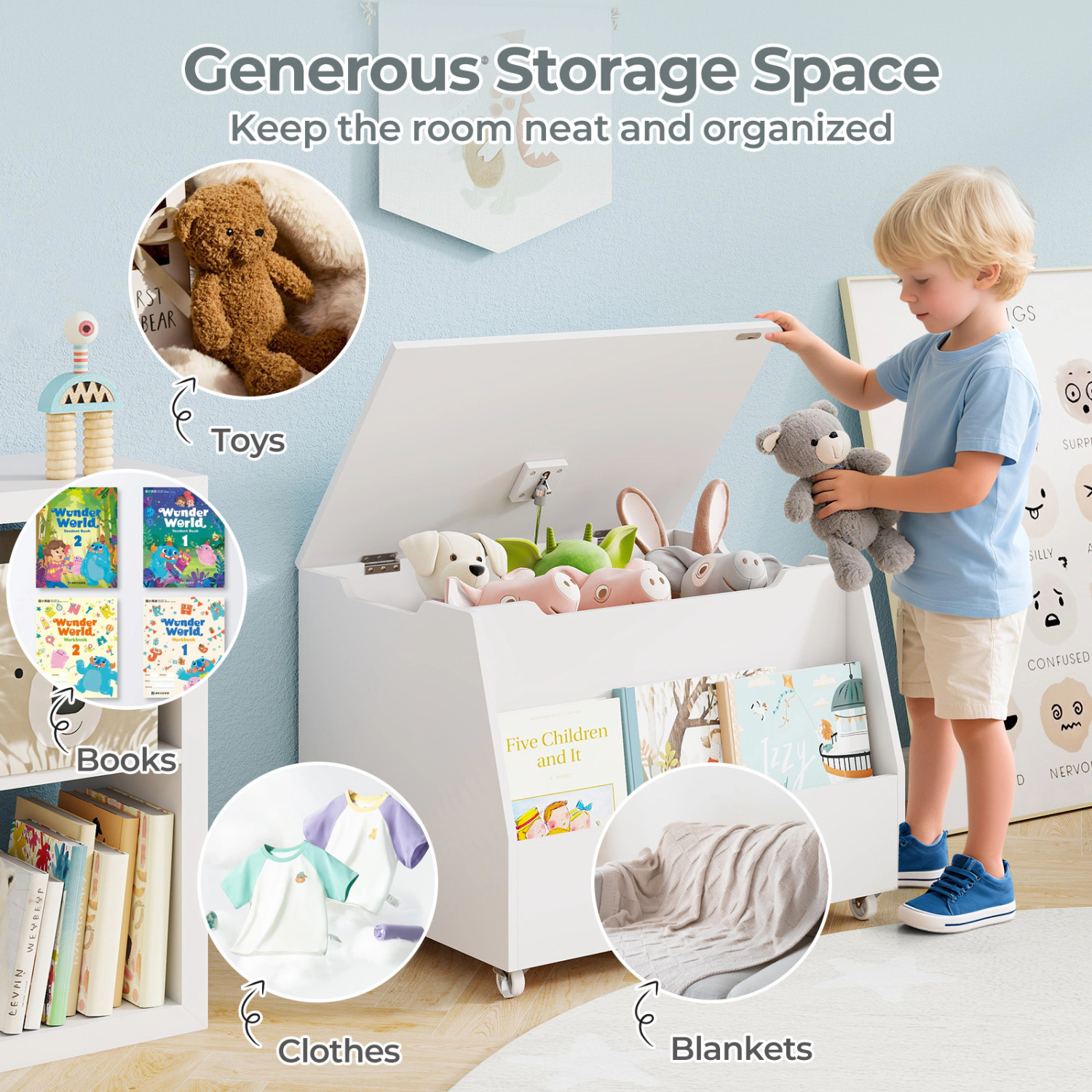 SUGIFT White 110-lb Top Wooden Mobile Kids Toy Box Storage Organizer with Front Bookshelf and Lockable Wheels