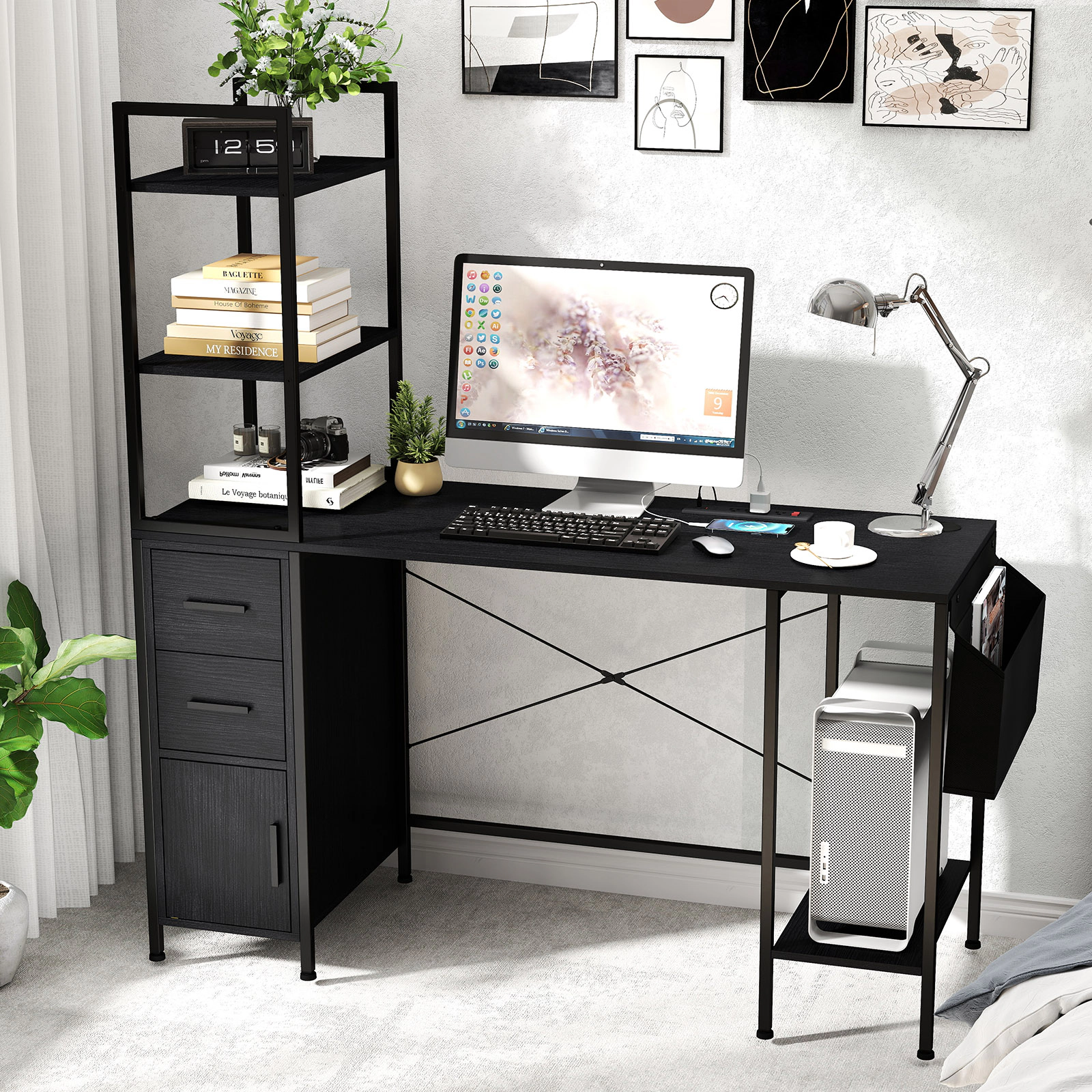 LJG Office Desk with LED Lights and Power Outlets Computer Desk with Open Shelves