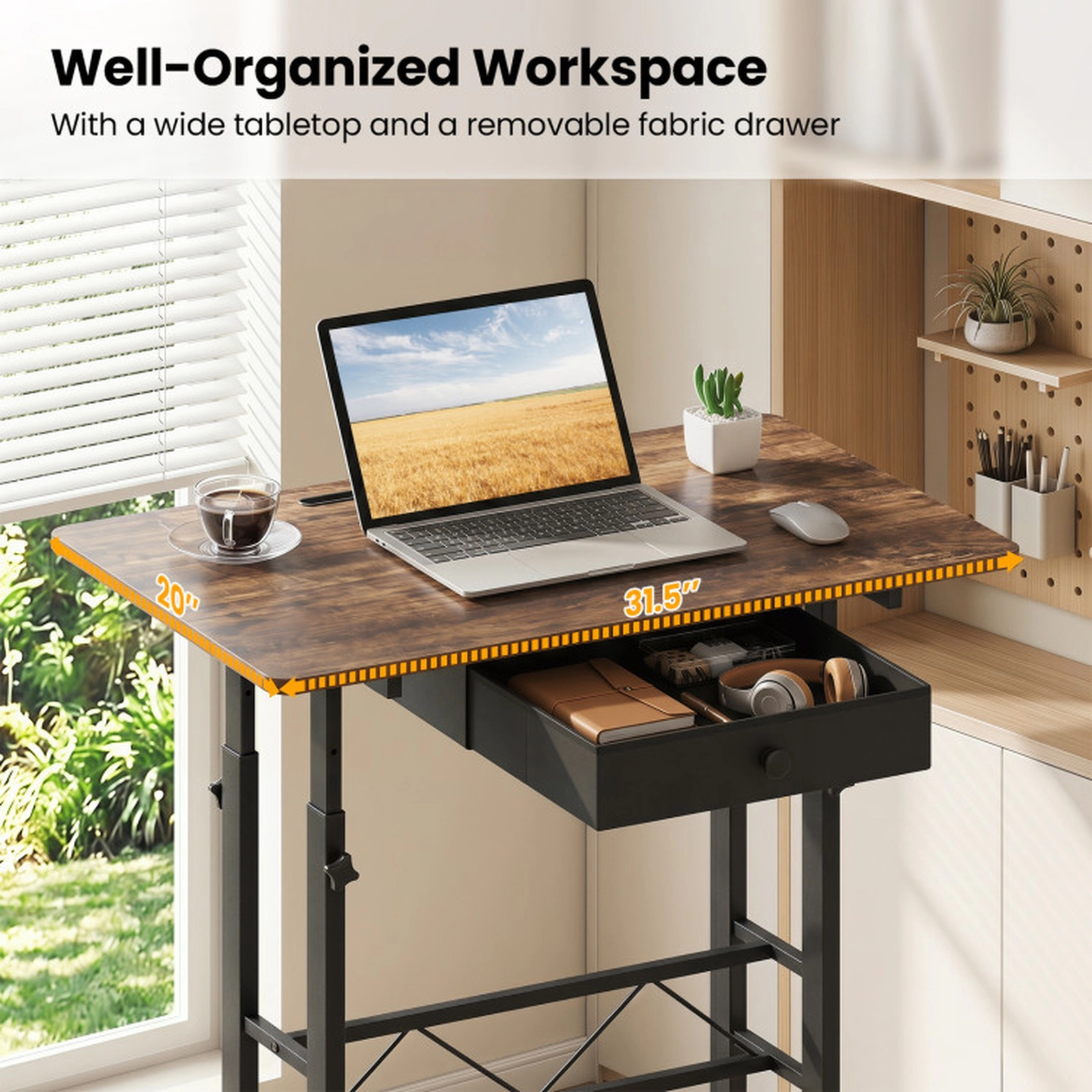 SUGIFT Height Adjustable Laptop Standing Desk with Fabric Drawer and Tablet Holder 45-lb Tabletop Rustic Brown