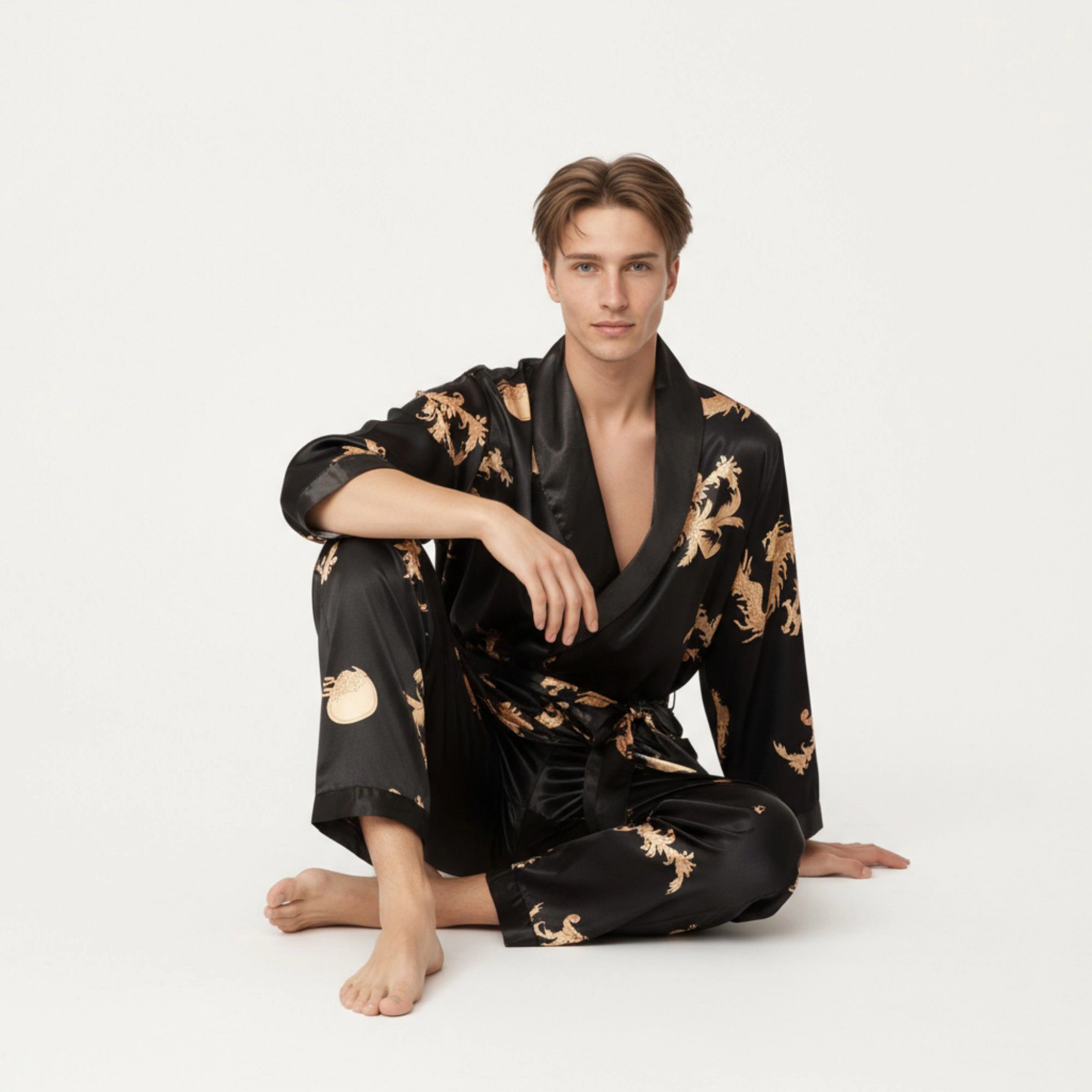 Anna-Kaci Men's 2-Piece Satin Dragon Print Robe and Lounge Pants with Shawl Collar Waist Tie
