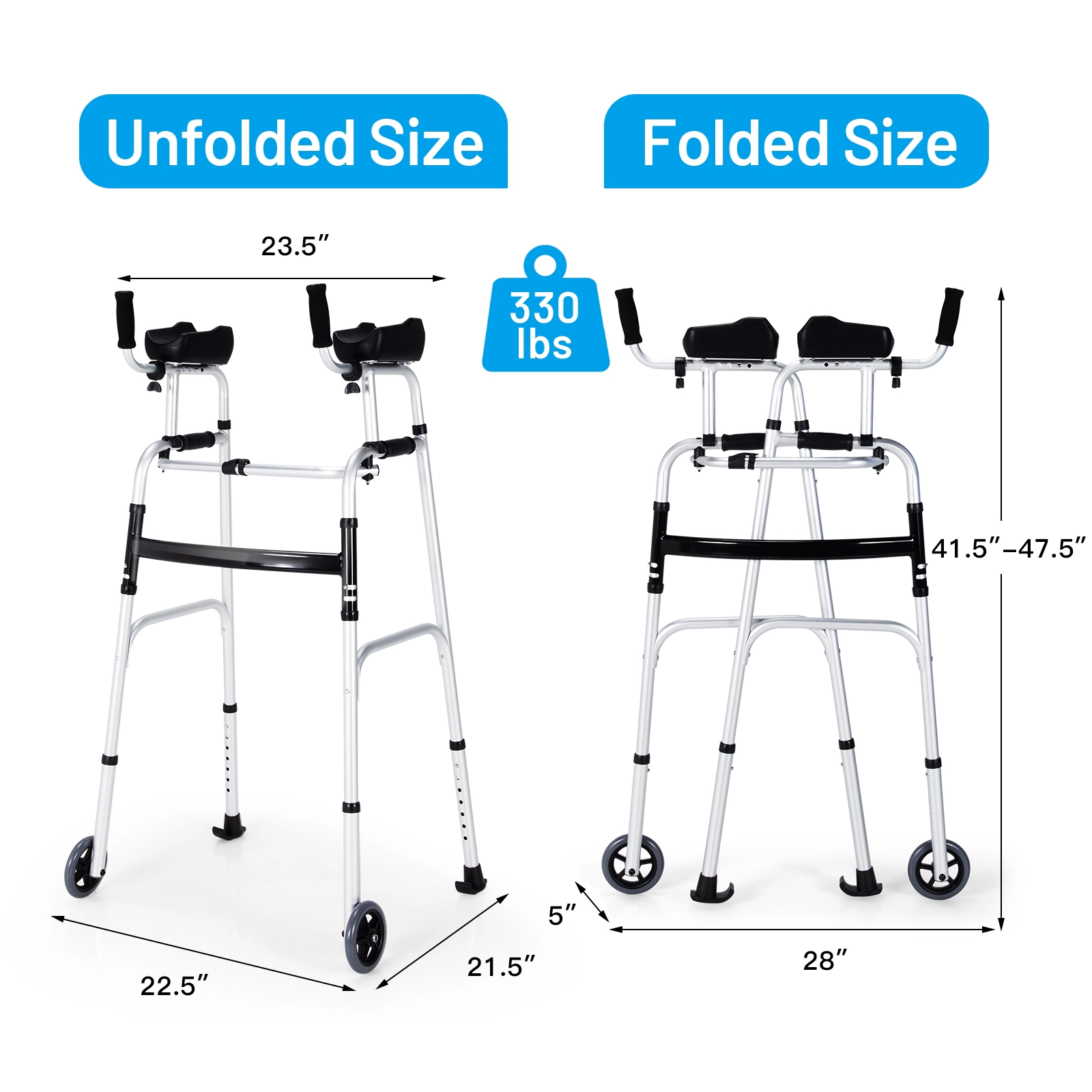 SUGIFT Silver Folding Walker with Adjustable Armrest Support 23.5-in W 21.5-in D 47.5-in H 440-lb User Capacity