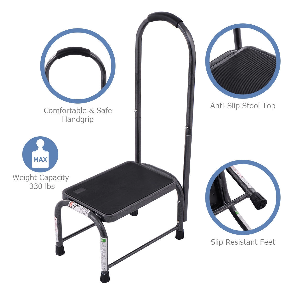 SUGIFT 330-lb Capacity Non-Slip Powder-Coated Iron Step Stool with Safety Handle and 4 Rubber Pads