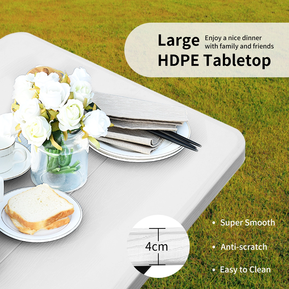 SUGIFT 54-In White Polyethylene Picnic Table with Attached Benches, 6 Seats