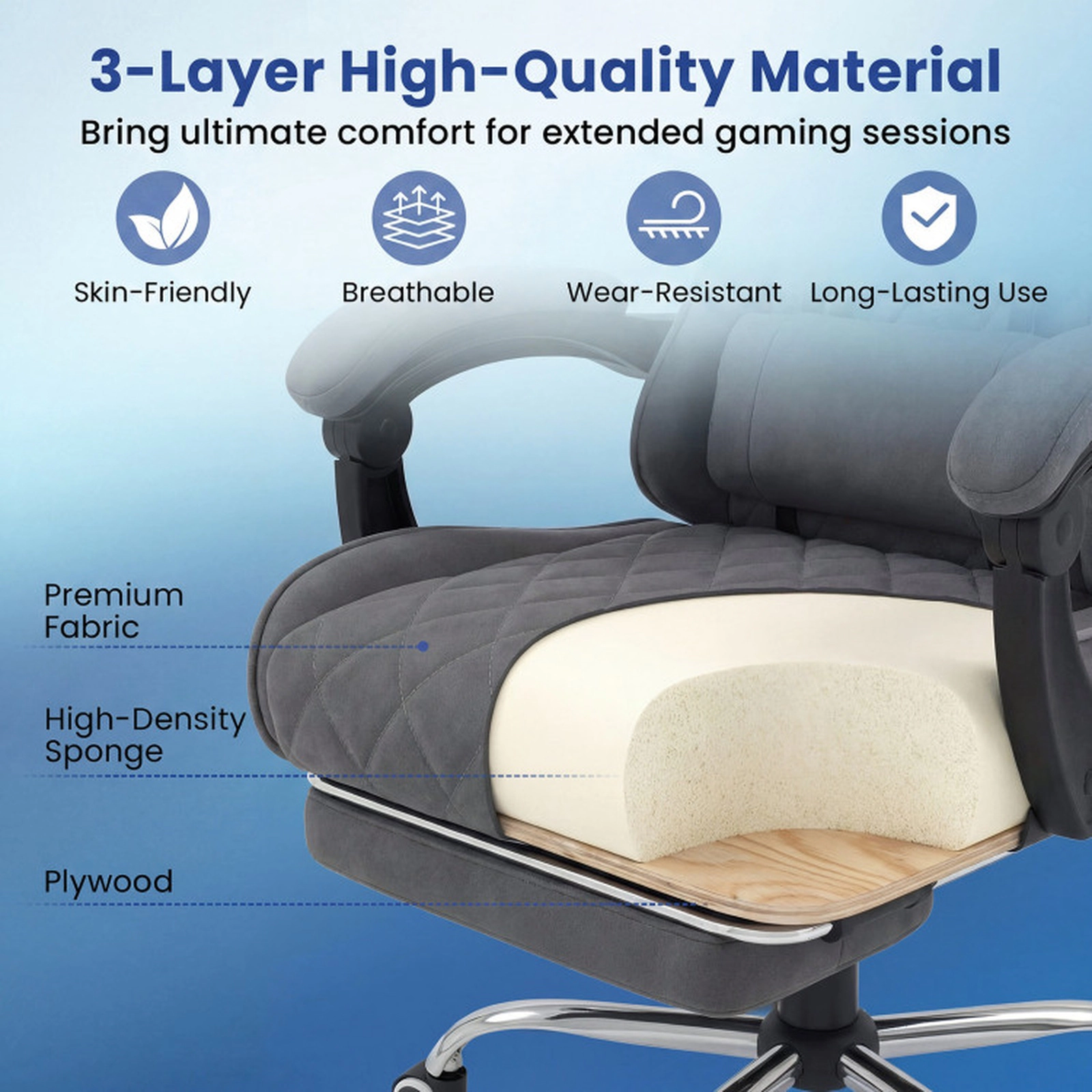 SUGIFT Grey Ergonomic Gaming Chair, 33-in High Back, Footrest