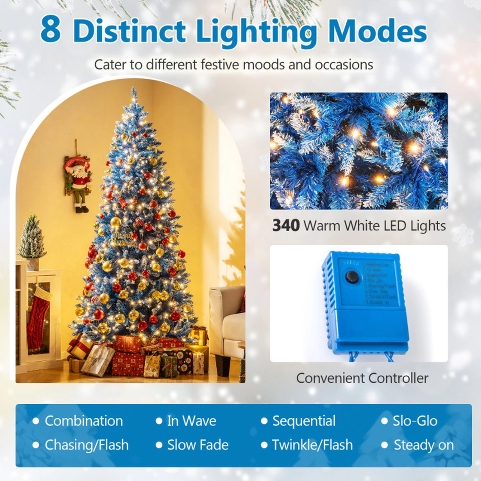 SUGIFT 7 ft Blue Artificial Christmas Tree Pre-Lit Snowy Branch Tips with Metal Stand