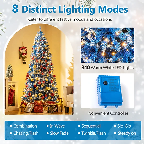 SUGIFT 7 ft Blue Artificial Christmas Tree Pre-Lit Snowy Branch Tips with Metal Stand