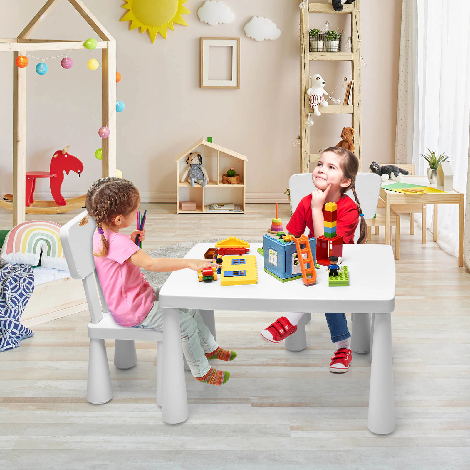 SUGIFT Kids Table and Chair Set, 3-Piece White PP Toddler Dining and Study Set, 19-Inch Table with 2 Chairs