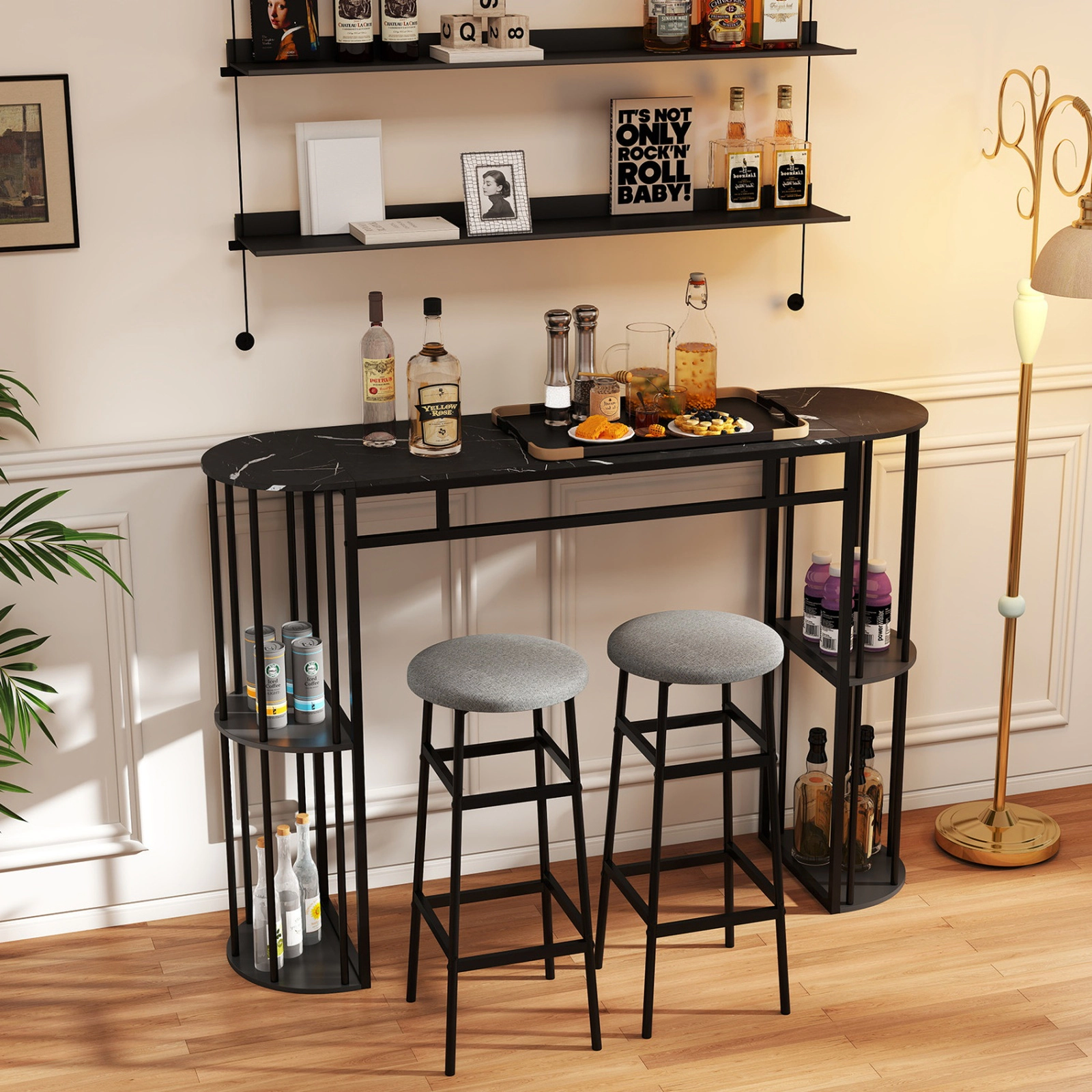 SUGIFT 60 Inch Long Bar Table Black Narrow with Faux Marble Top and Storage Shelves