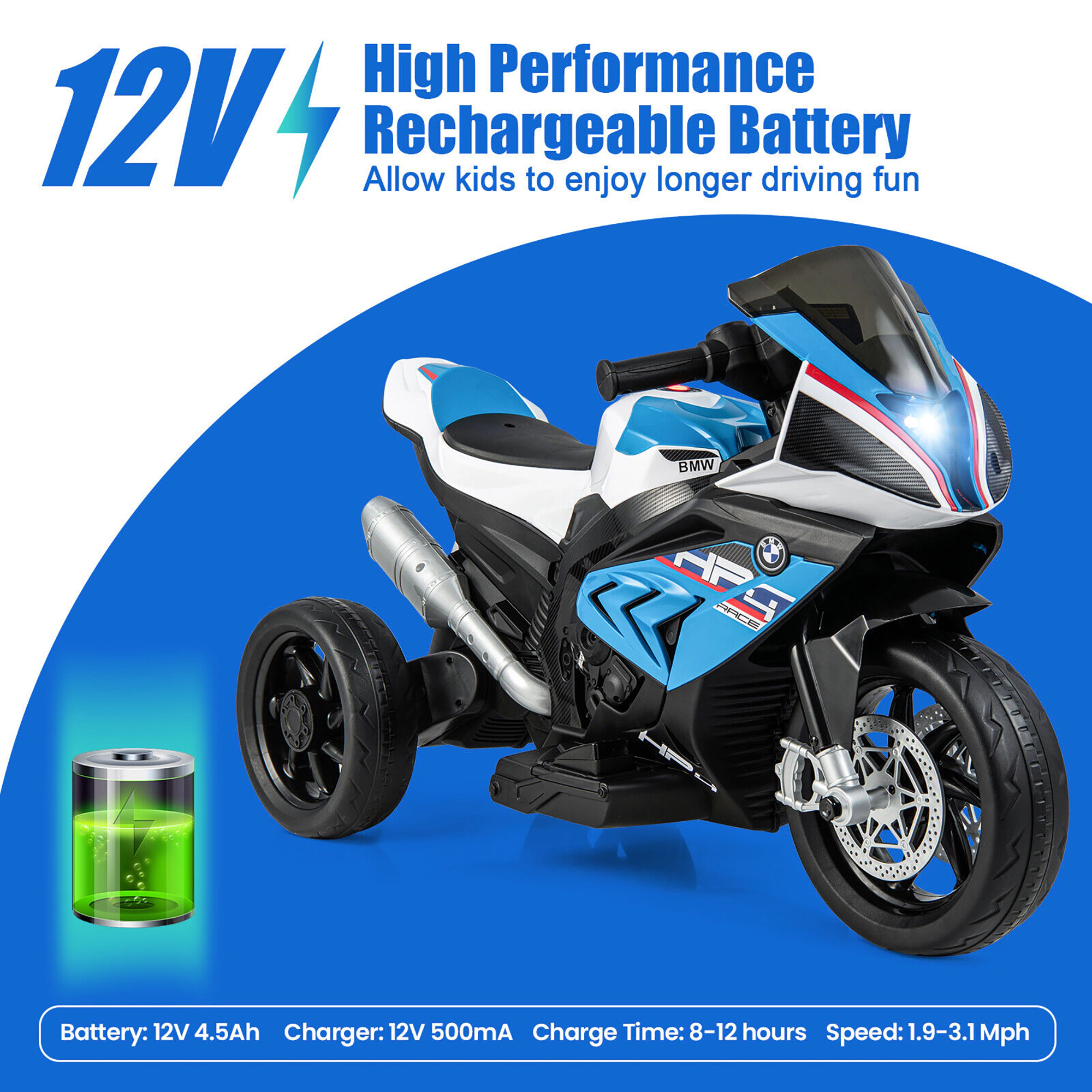 Costway 12V Kids Ride on Motorcycle Licensed BMW 3 Wheels Electric Toy w/ Light & Music Blue