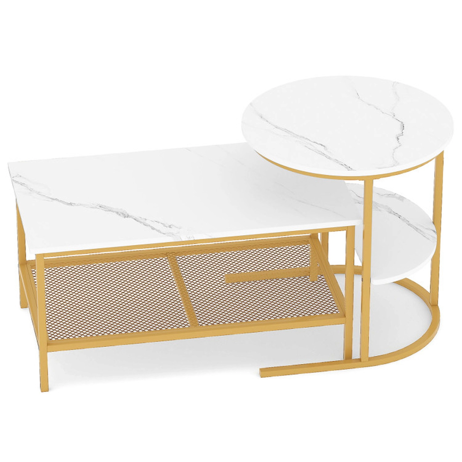 SUGIFT 2-Piece Faux Marble Top Rectangle Coffee and Round Side Table Set 31.5-in x 18-in 100-lb Capacity White