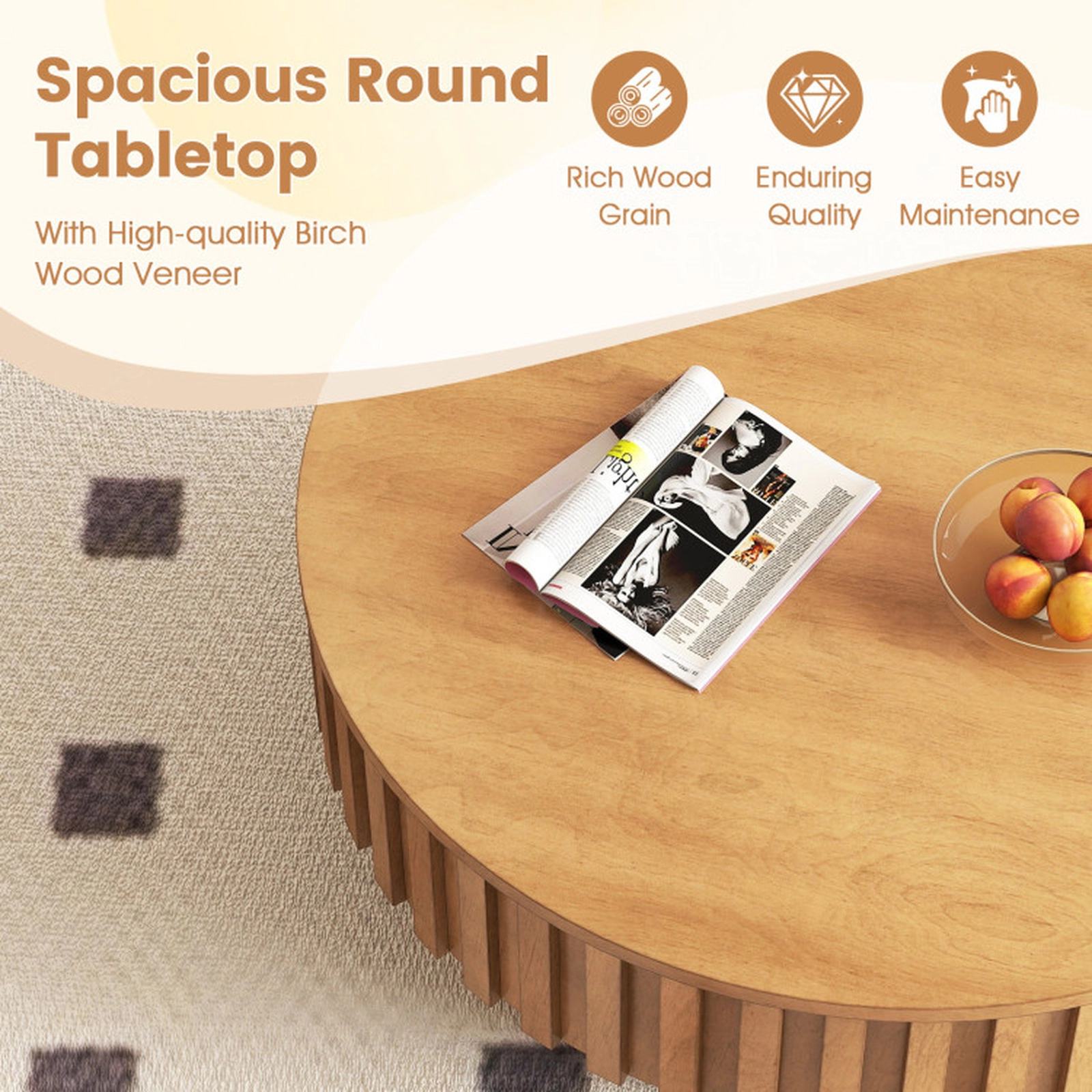 SUGIFT 31-in Round 265-lb Capacity Natural Wooden Drum Coffee Table with Hidden Storage Compartment