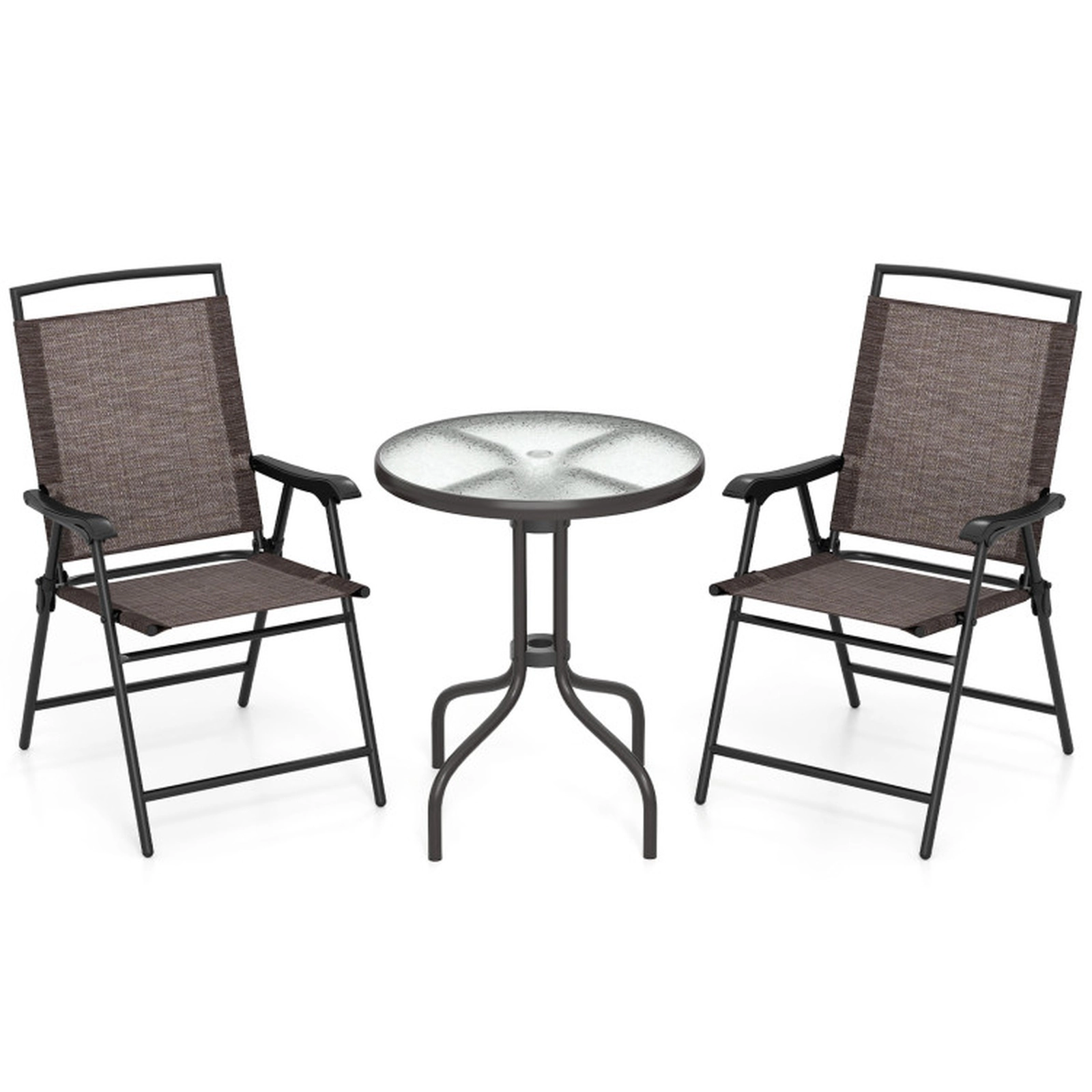 SUGIFT 3-Piece Brown and Black Outdoor Bistro Set with Tempered Glass Table and Folding Chairs