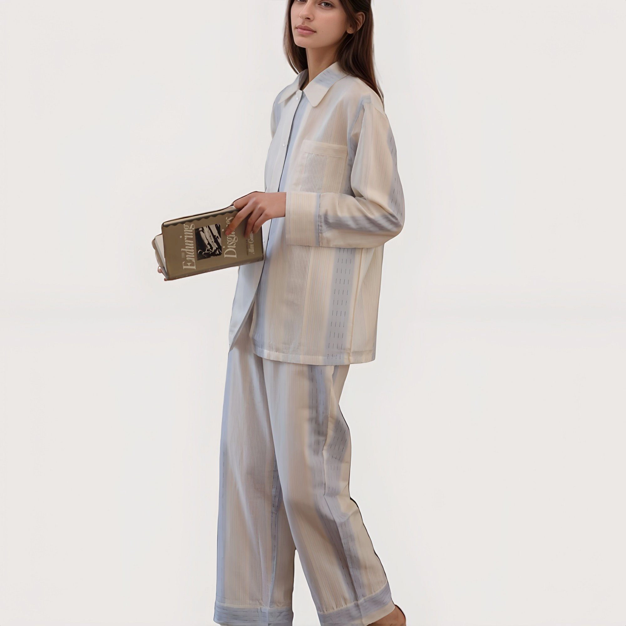 Anna-Kaci Women's Striped Woven Pajama Set with Collared Long Sleeve Top and Cuffed Wide Leg Pants