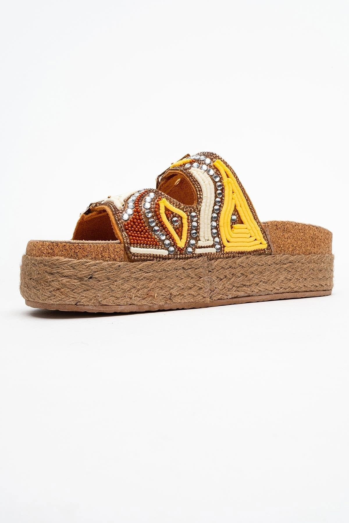 Prologue Shoes Womens Bobby Beaded Straw Platform Slide Sandal