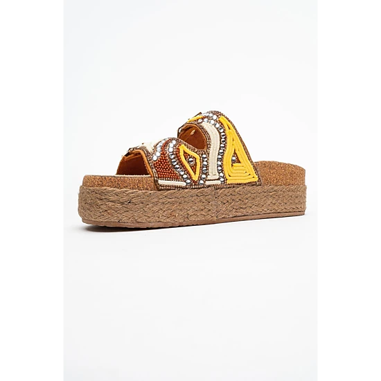 Prologue Shoes Womens Bobby Beaded Straw Platform Slide Sandal