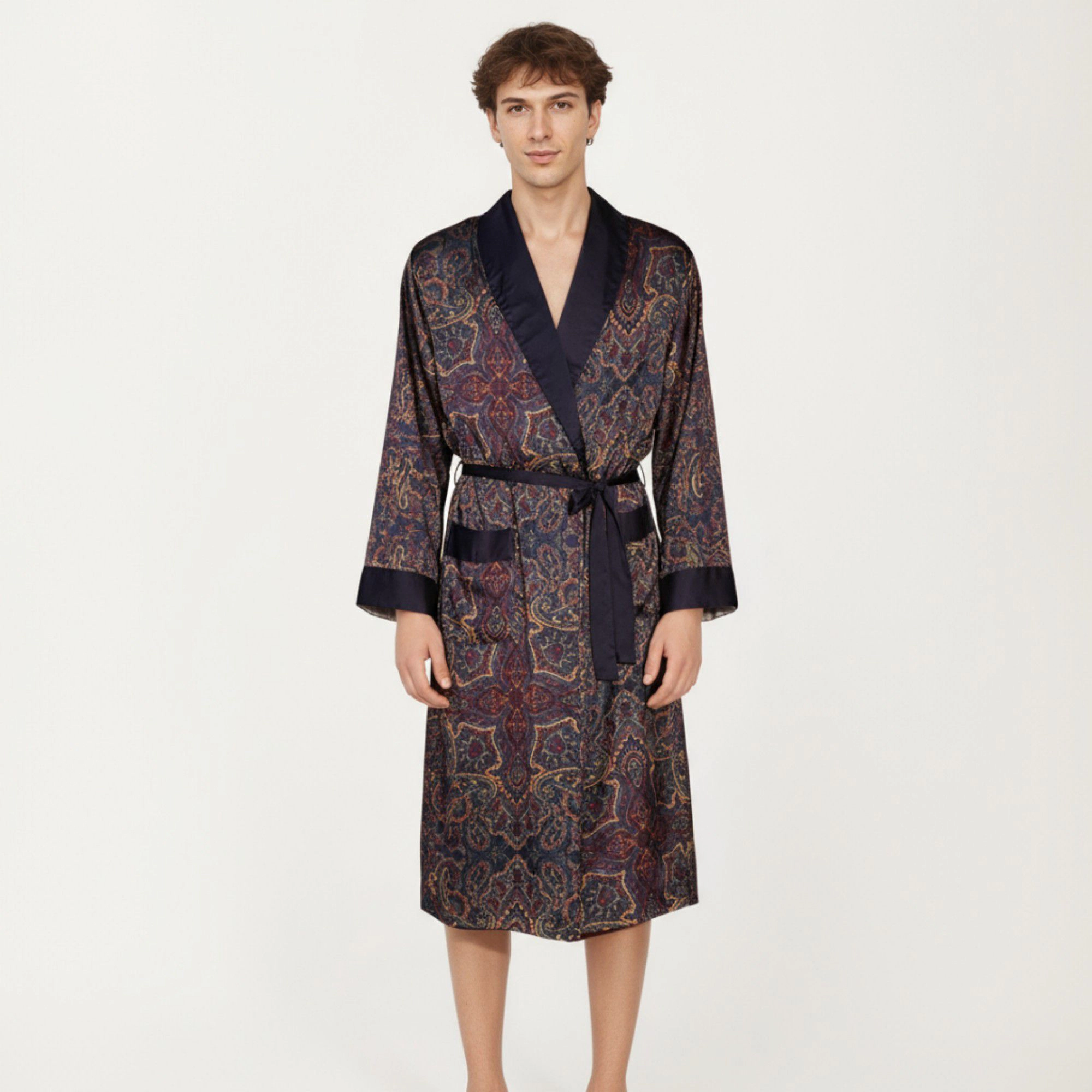 Anna-Kaci Men's Paisley Print Satin Robe with Contrast Trim Shawl Collar and Waist Tie