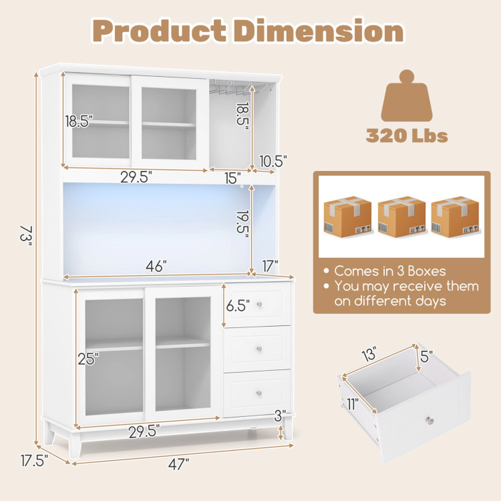 SUGIFT 73-in LED Lights Power Outlets 3 Drawers Glass Door Kitchen Pantry Hutch 47-in x 17.5-in 320-lb Capacity White