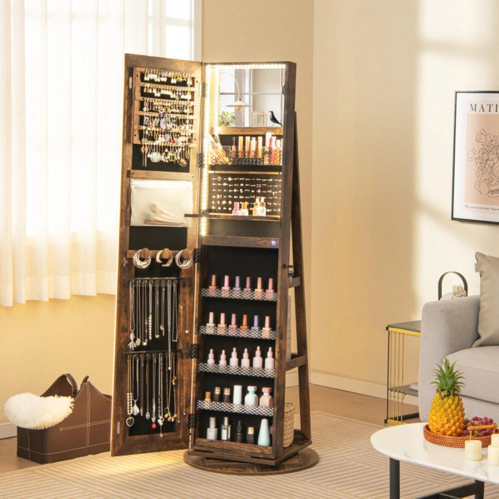 Hivvago Standing Jewelry Cabinet with Adjustable LED Lights-Coffee