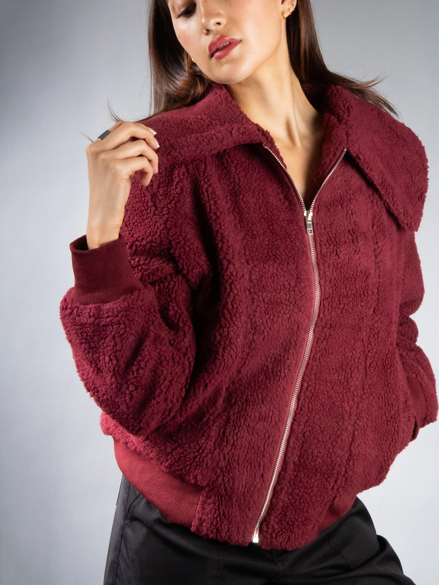 JESS by Meiko Women's Oversized Collar Plush Bomber Jacket Coat