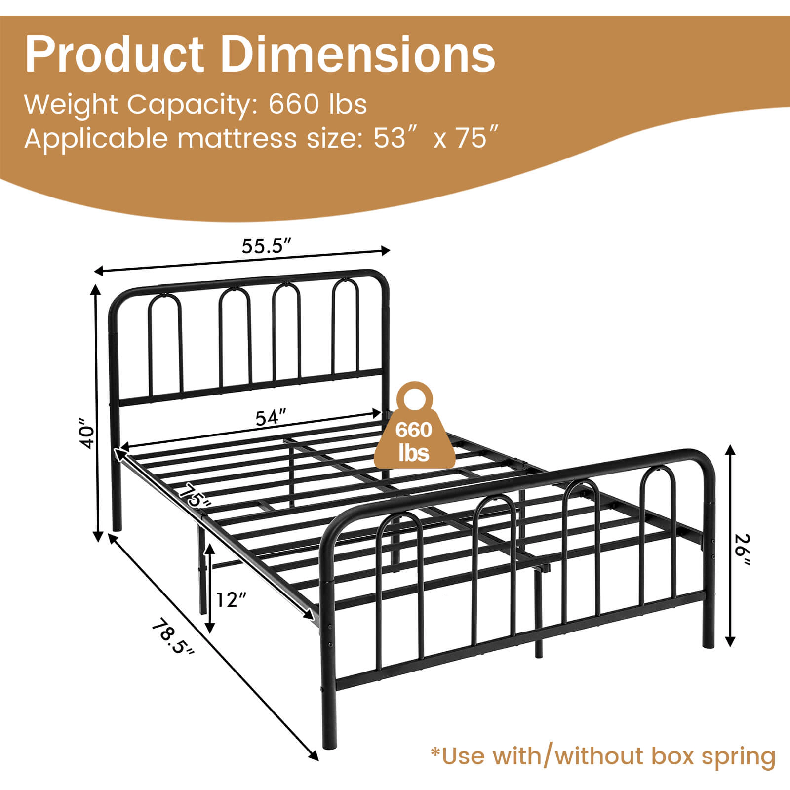 SUGIFT Full Size 660-lb Bed Capacity Metal Bed Frame with Headboard and Footboard 78.5-in L 55.5-in W Black