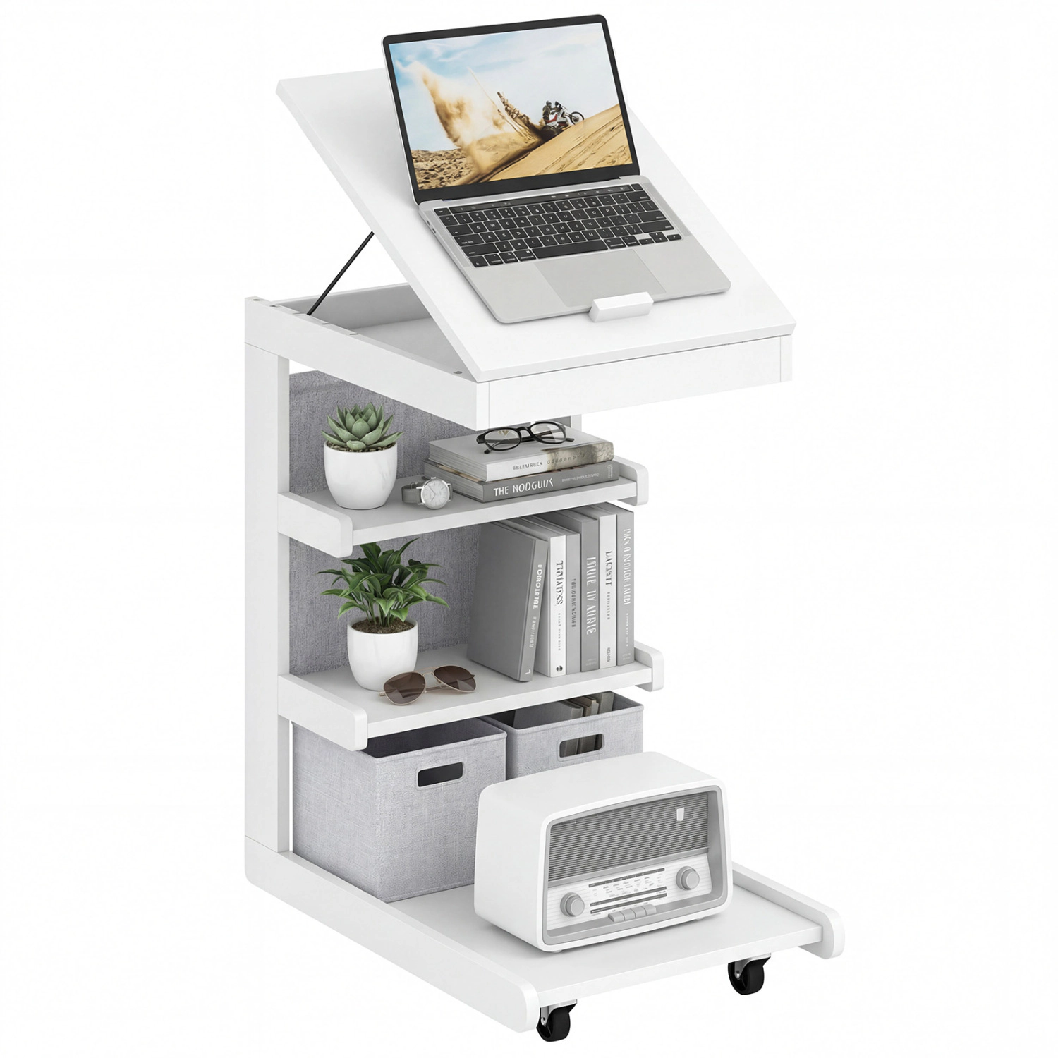 LJG C-shaped End Table with Wheels and Adjustable Desktop for Sofa Couch Bedside