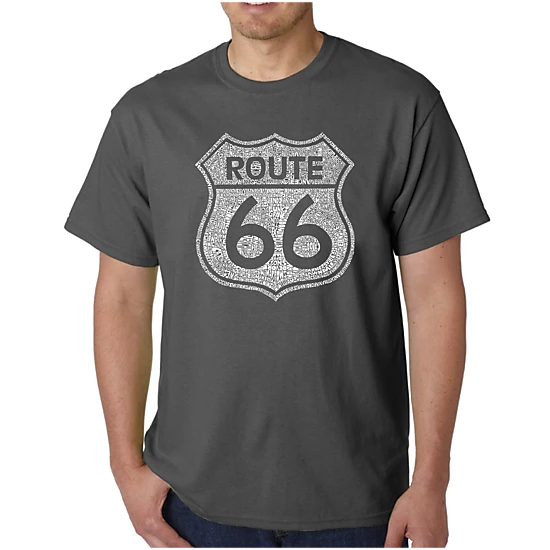 LA Pop Art Men's Route 66 Cities Word Art T-Shirt, Short Sleeve Crew Neck