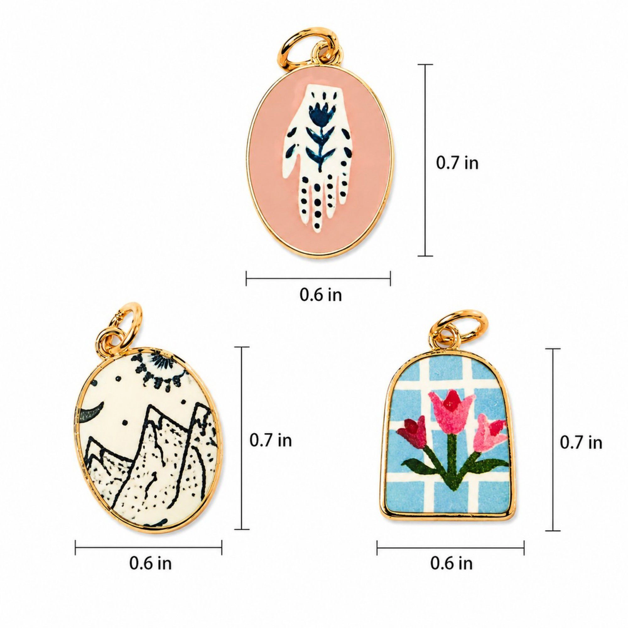 Alilang Women's 3pc Scenic Artwork Keychain Bag Charm Set with Gold Tone Trim for Bags and Keys