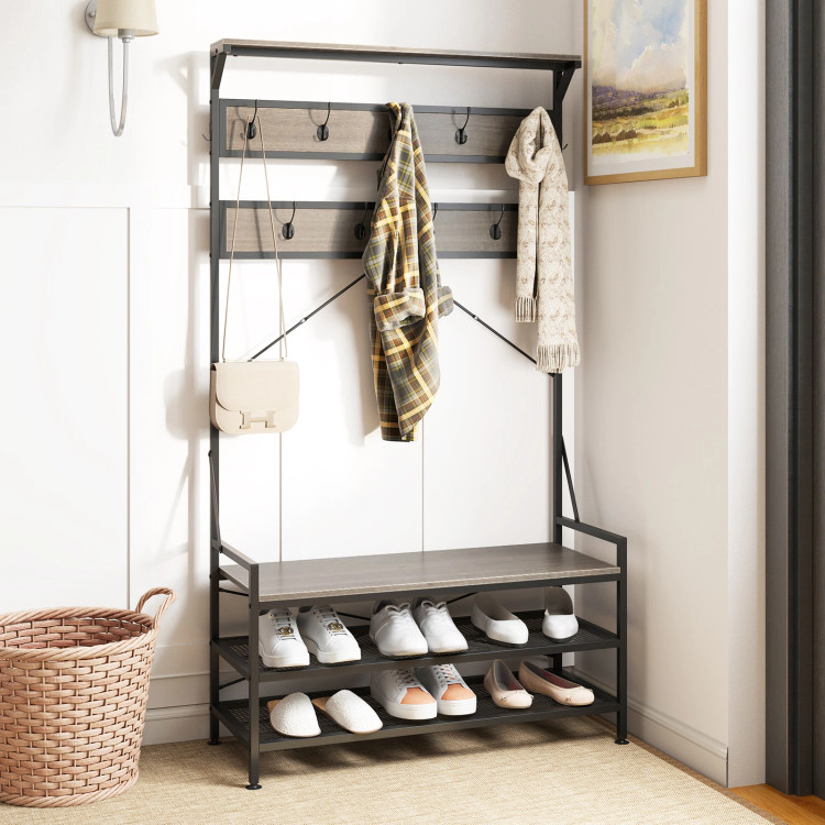 Hivvago Coat Rack 4-In-1 Hall Tree with 11 Hanging Hooks Shoe Bench-Gray