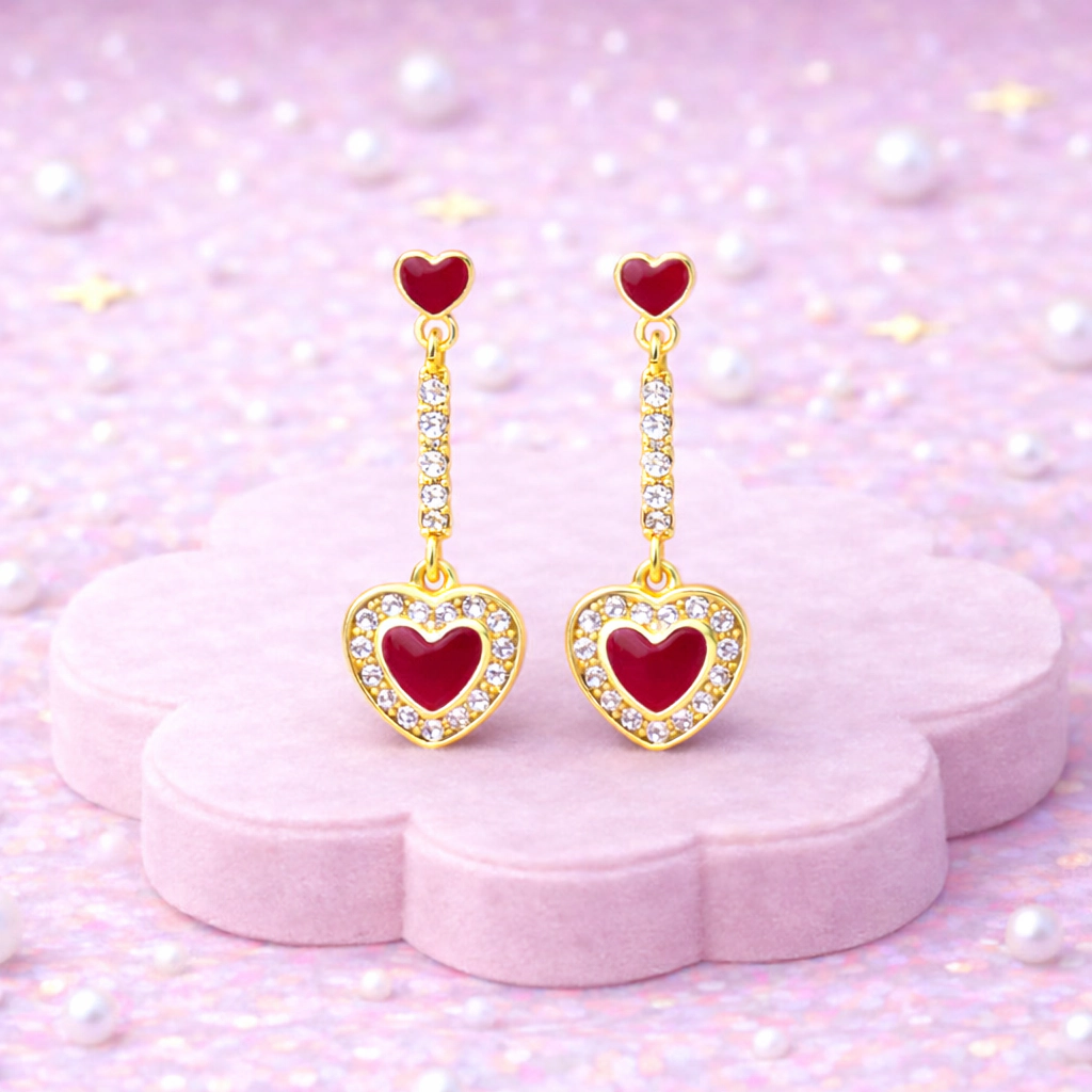 CHANTEUR Kids Red Enamel Heart Drop Earrings - 18K Gold-Plated Brass with Sterling Silver Posts